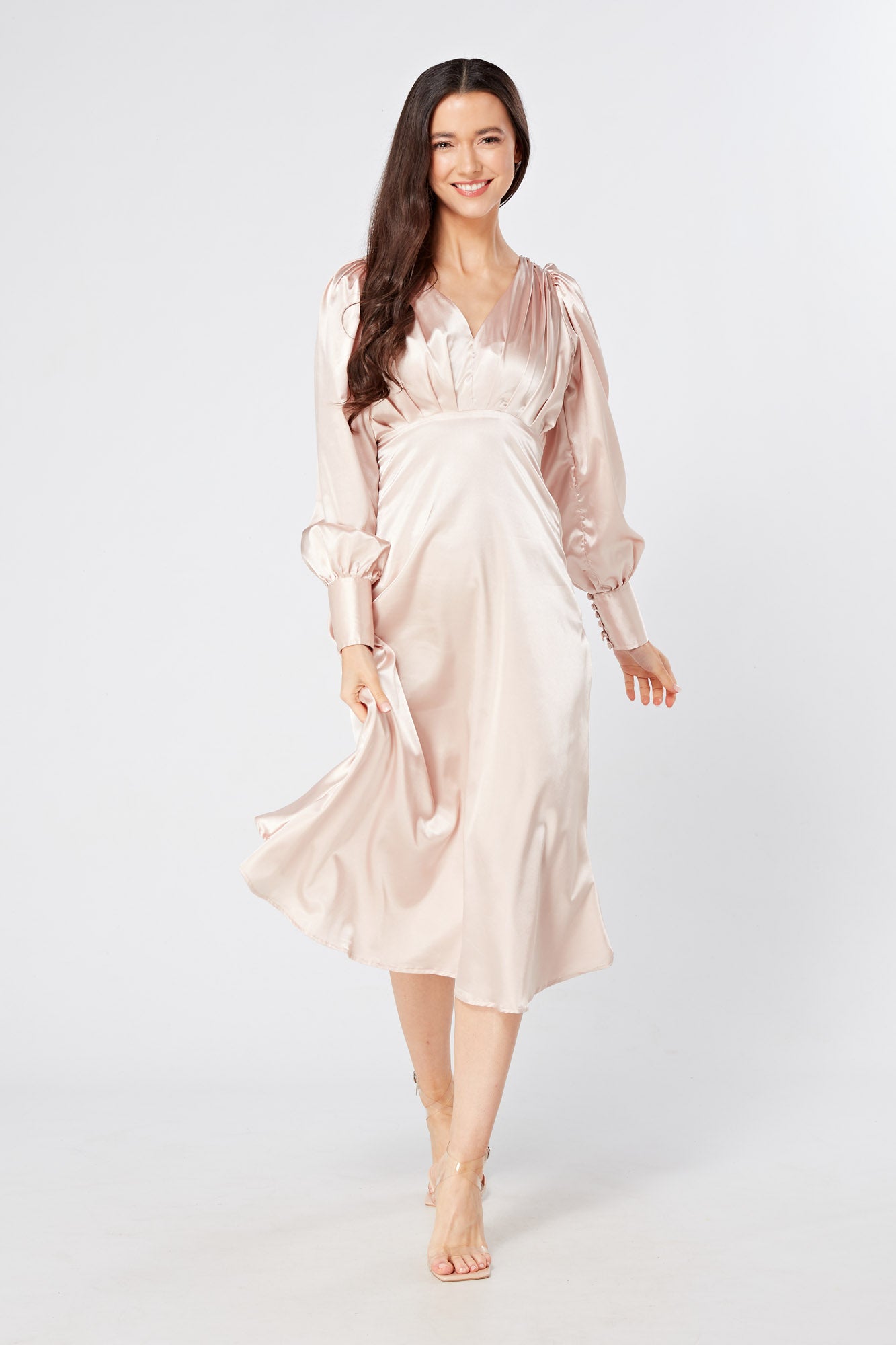 Rosetta Rose Satin Midi Dress With Long Sleeves