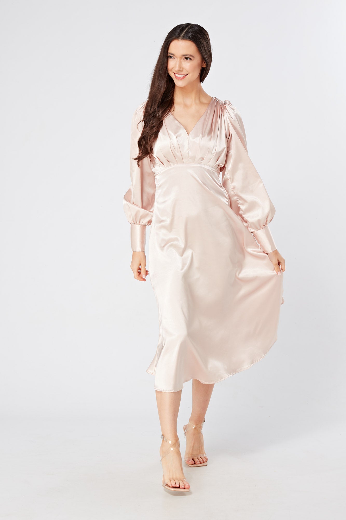 Rosetta Rose Satin Midi Dress With Long Sleeves