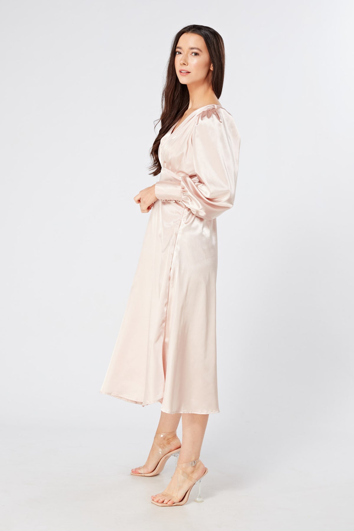 Rosetta Rose Satin Midi Dress With Long Sleeves