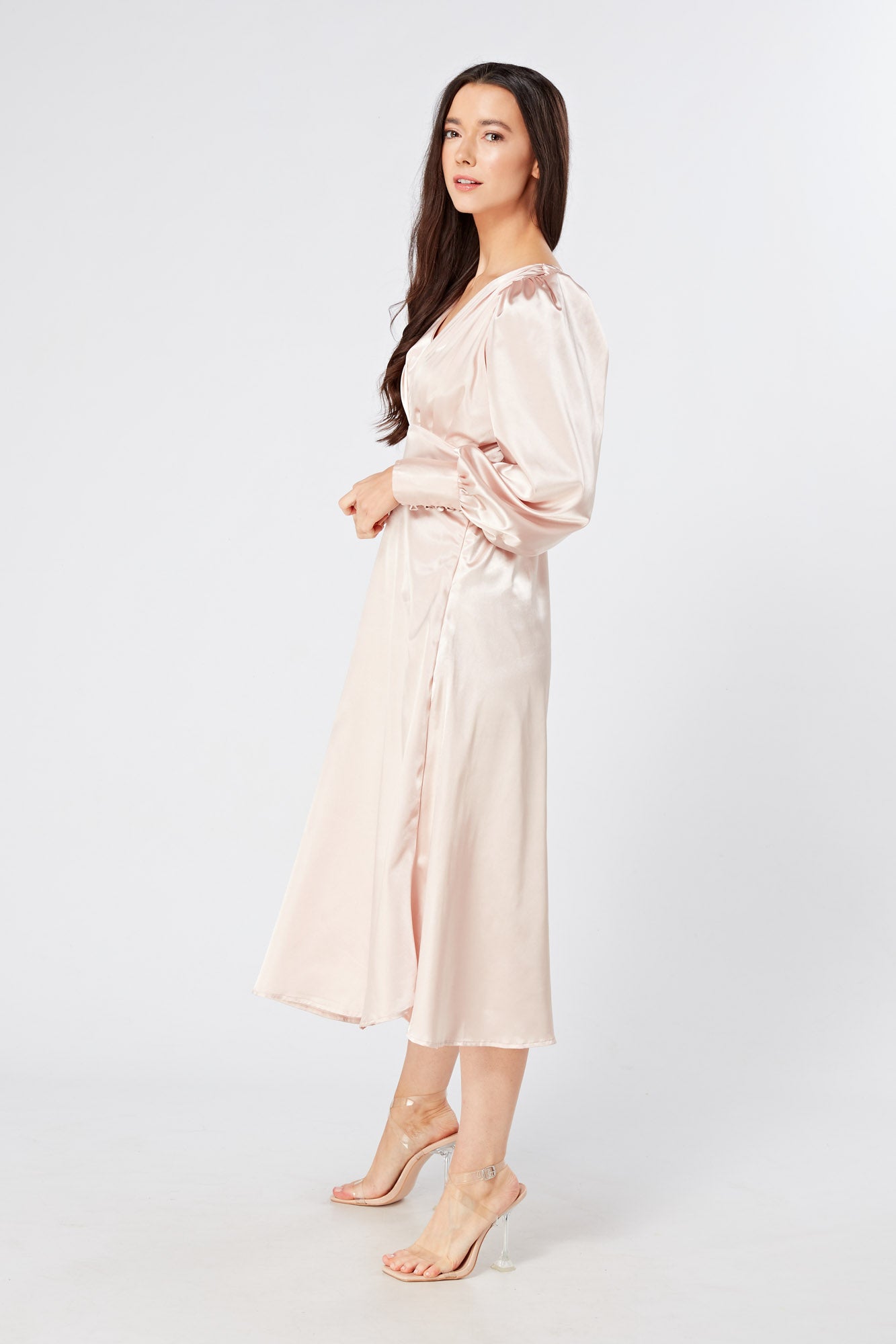 Rosetta Rose Satin Midi Dress With Long Sleeves