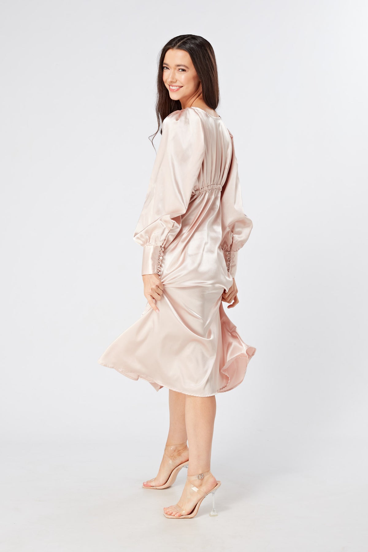 Rosetta Rose Satin Midi Dress With Long Sleeves