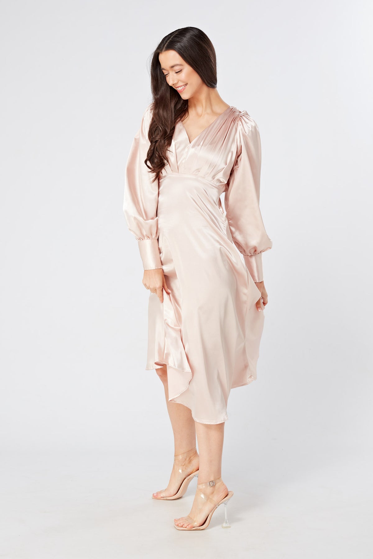 Rosetta Rose Satin Midi Dress With Long Sleeves