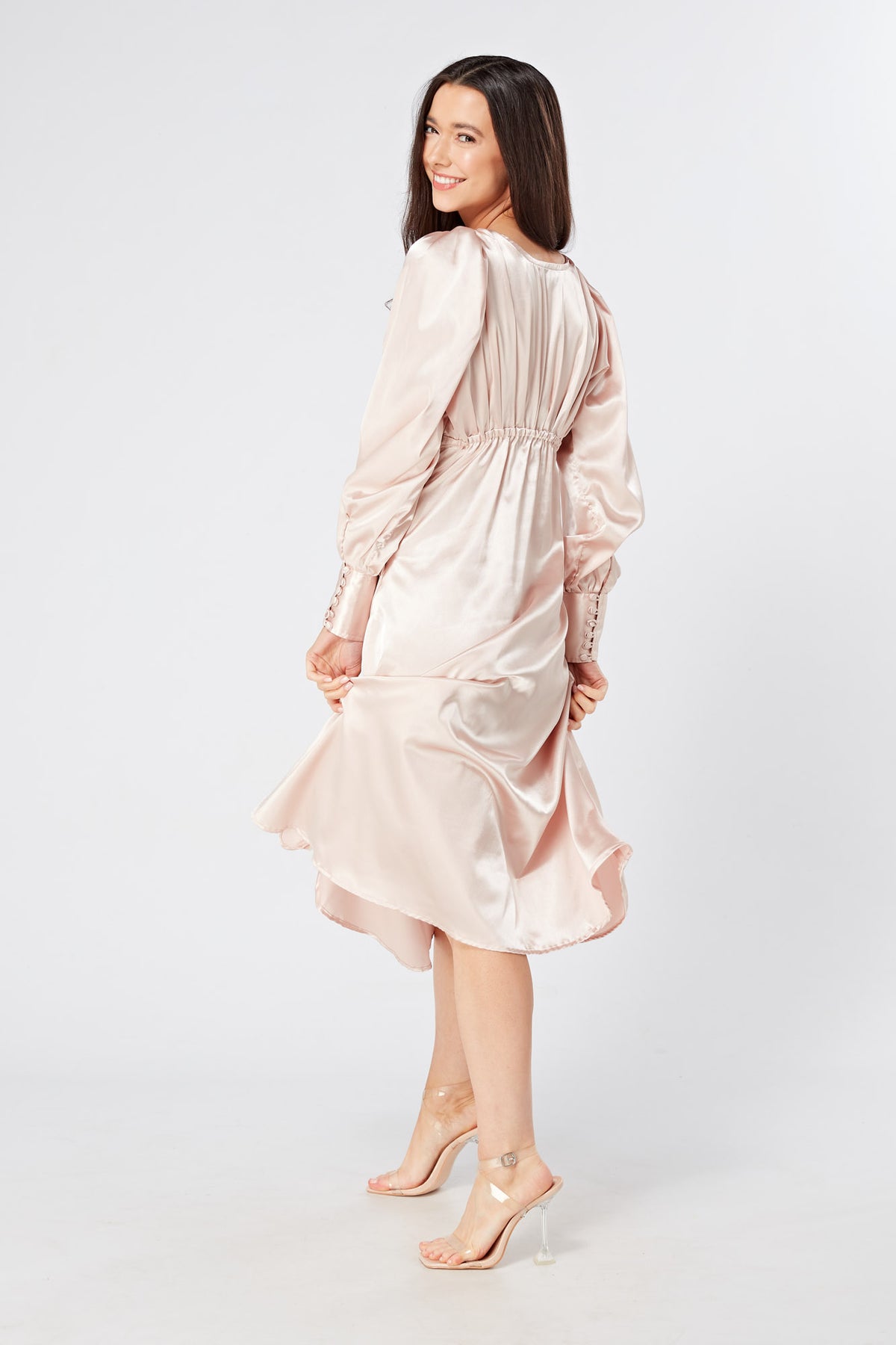 Rosetta Rose Satin Midi Dress With Long Sleeves
