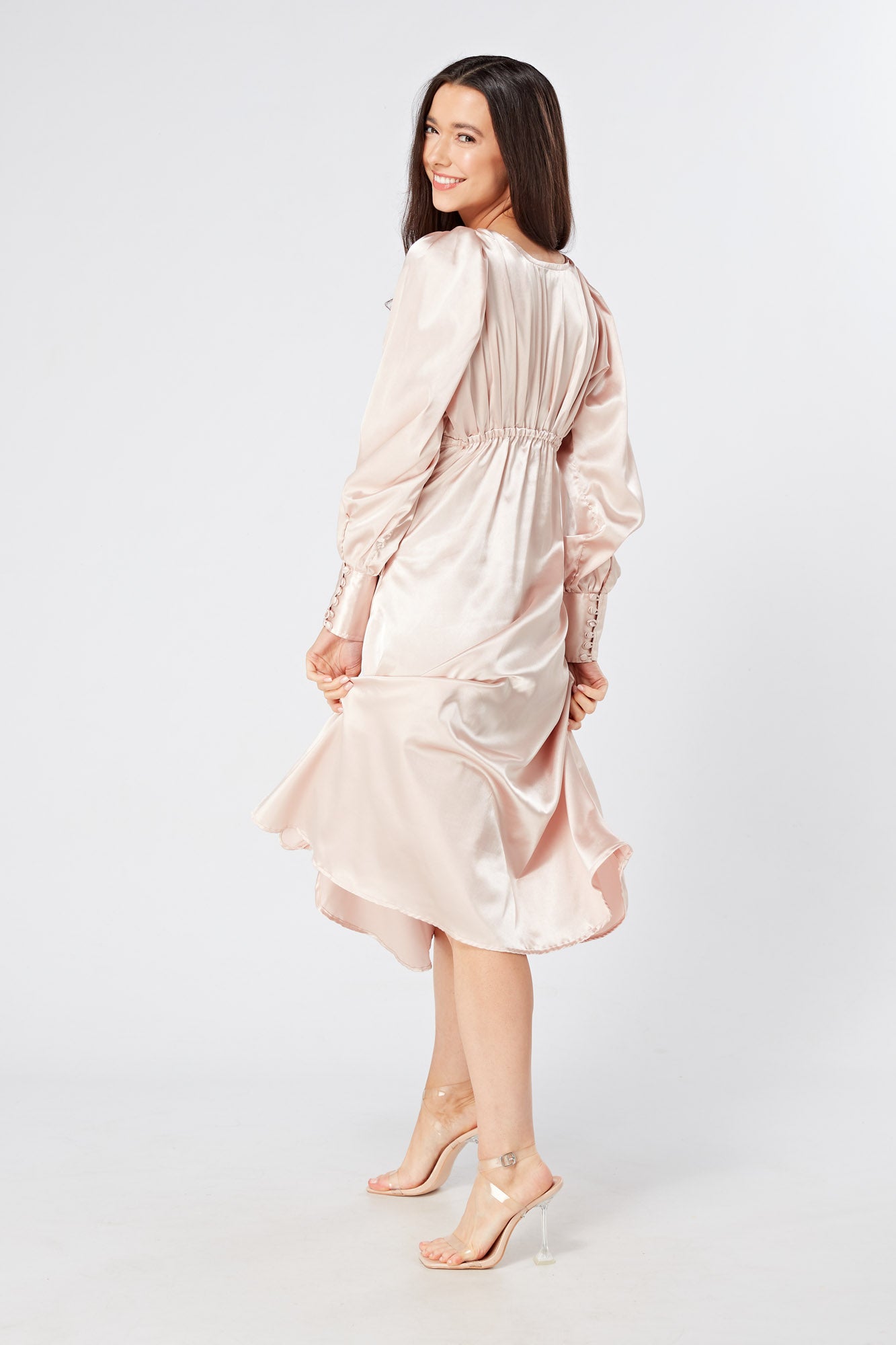 Rosetta Rose Satin Midi Dress With Long Sleeves