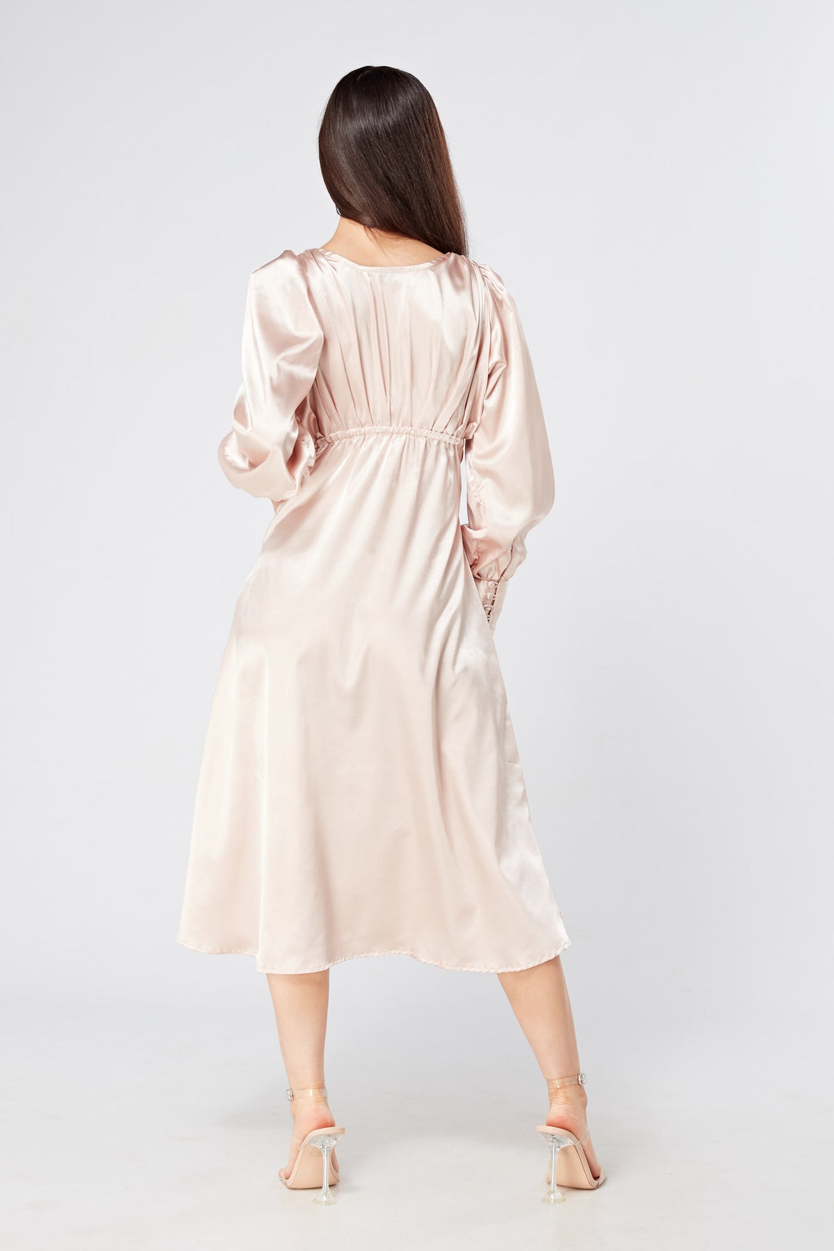 Rosetta Rose Satin Midi Dress With Long Sleeves