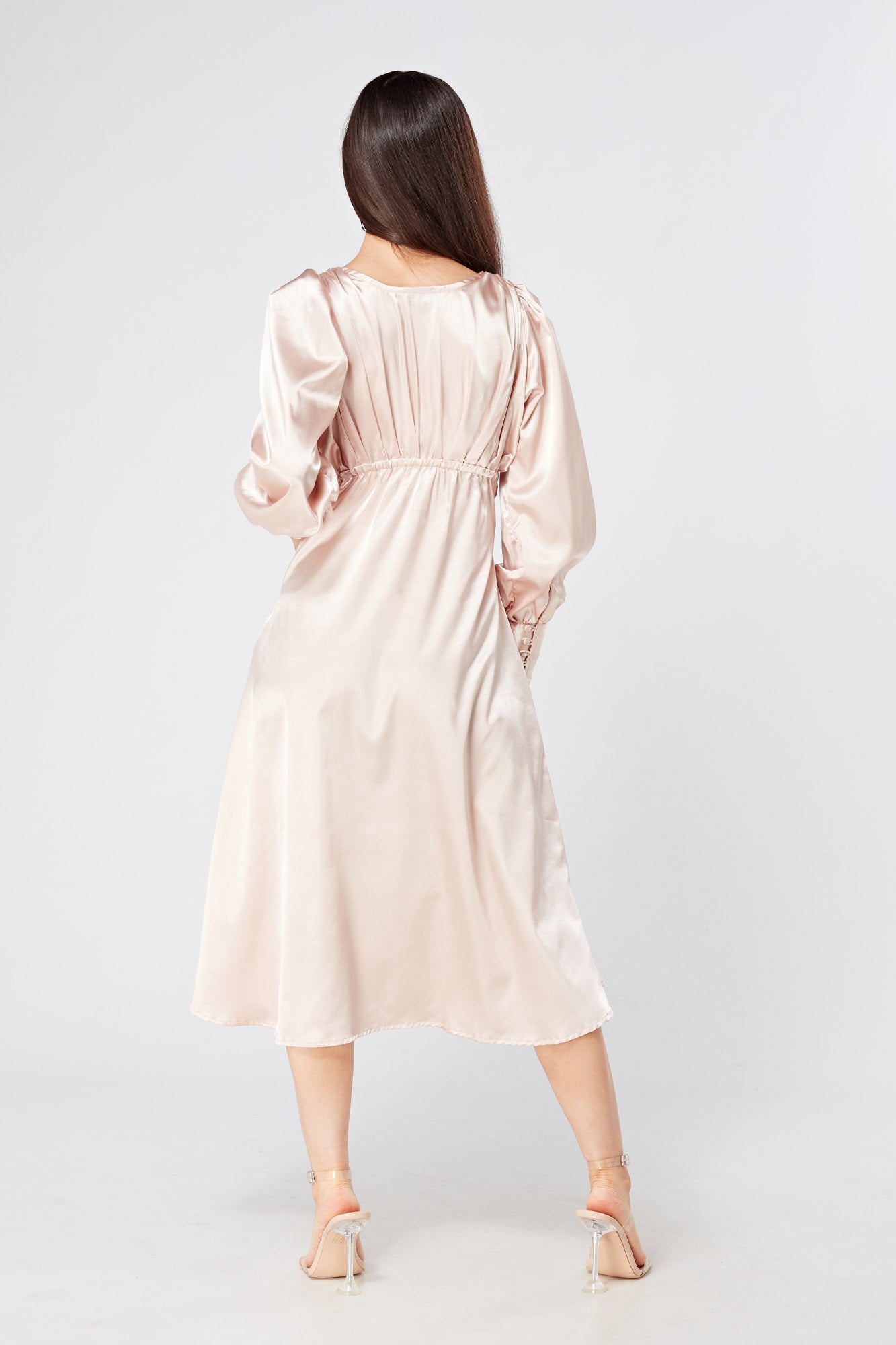 Rosetta Rose Satin Midi Dress With Long Sleeves