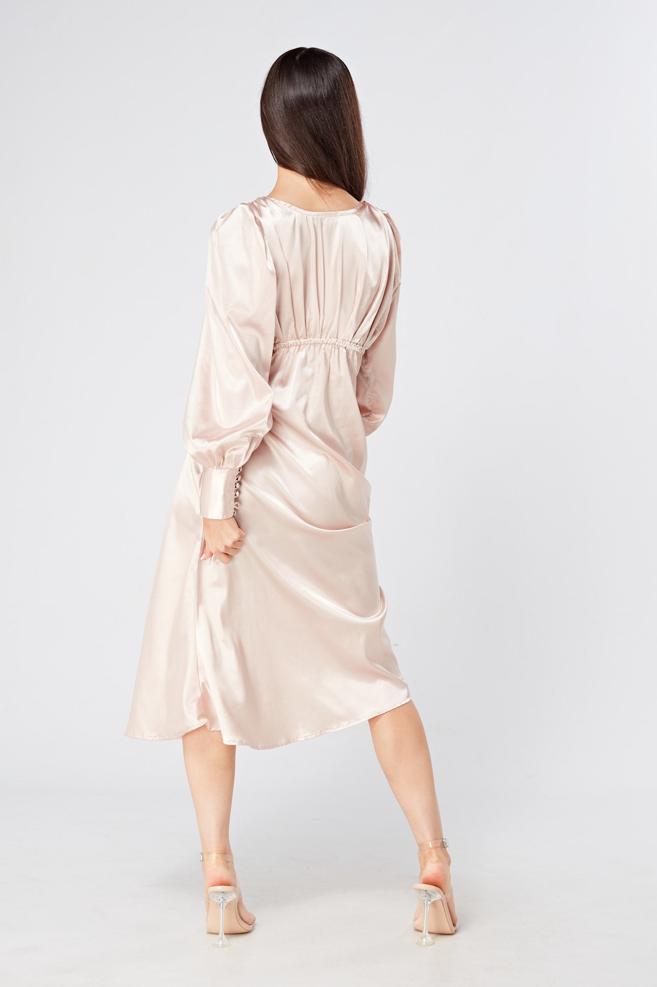 Rosetta Rose Satin Midi Dress With Long Sleeves
