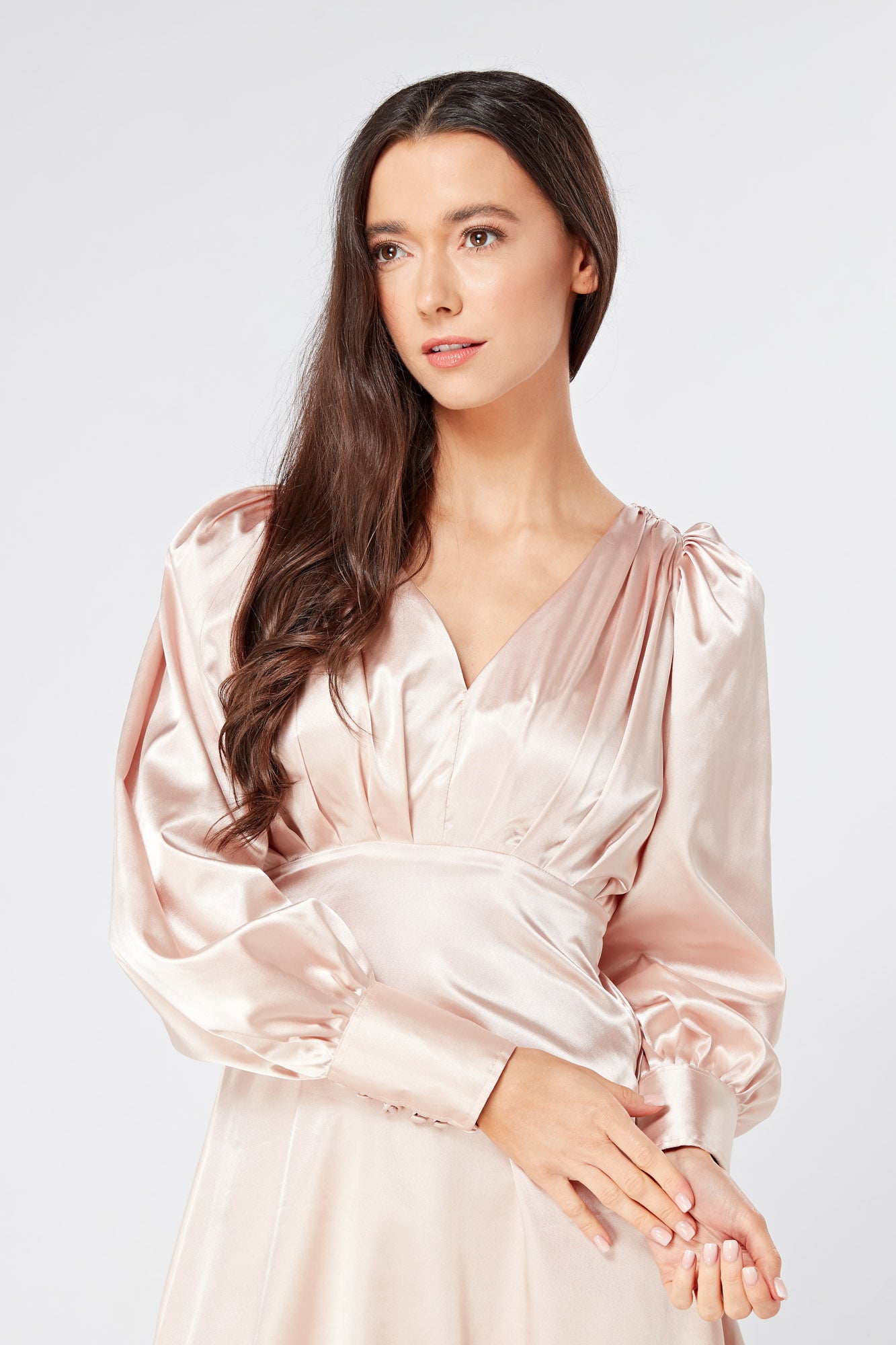 Rosetta Rose Satin Midi Dress With Long Sleeves