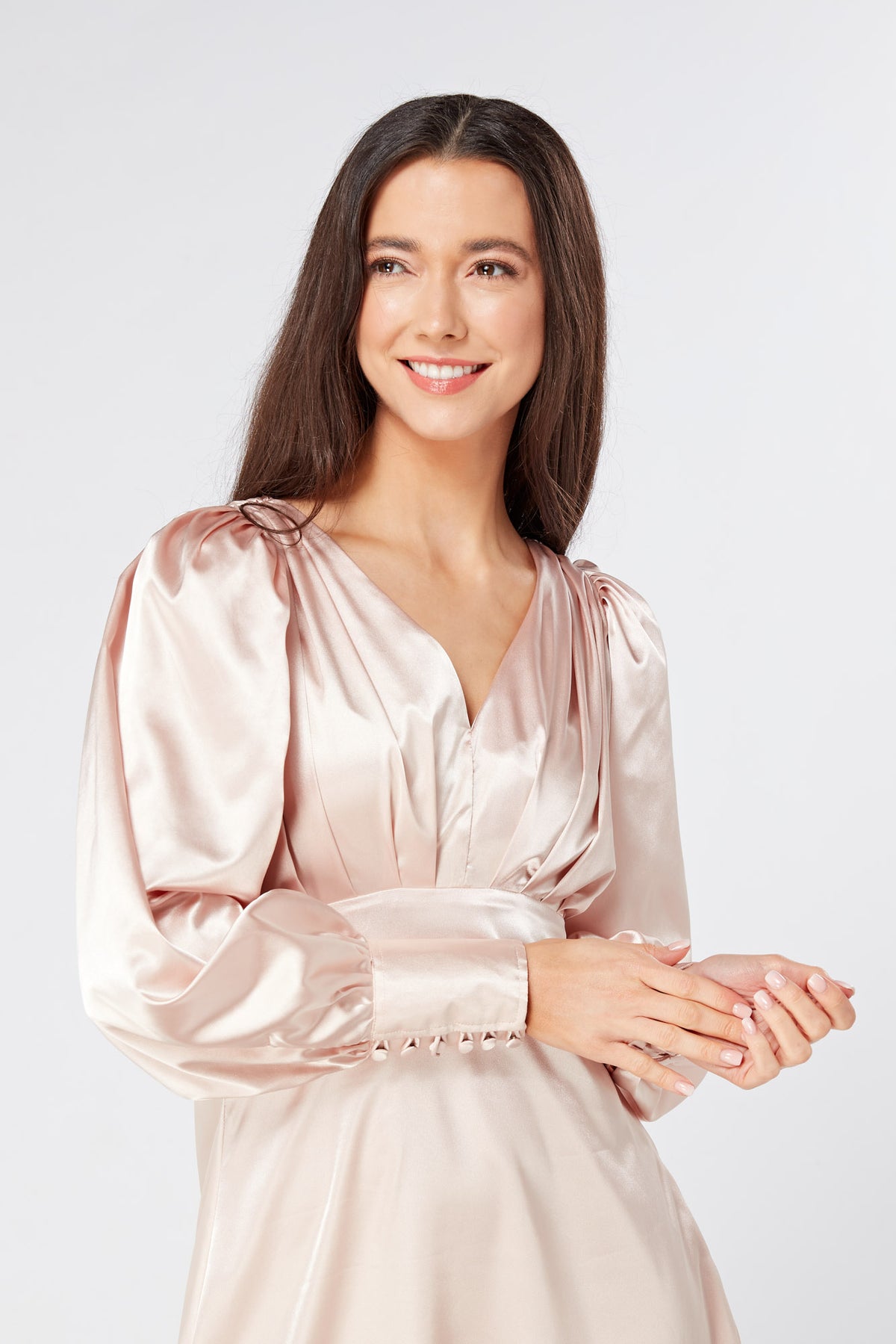 Rosetta Rose Satin Midi Dress With Long Sleeves