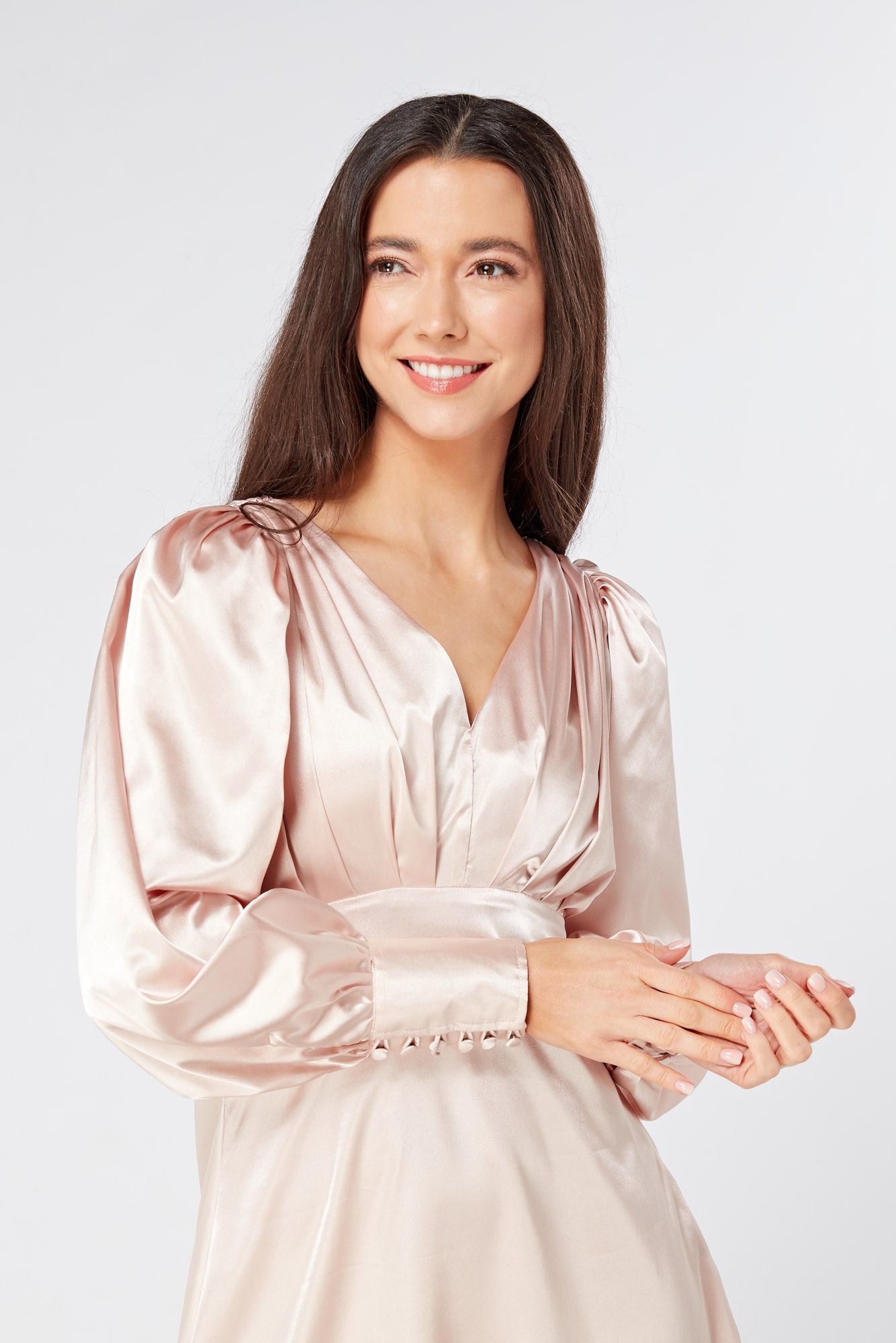 Rosetta Rose Satin Midi Dress With Long Sleeves