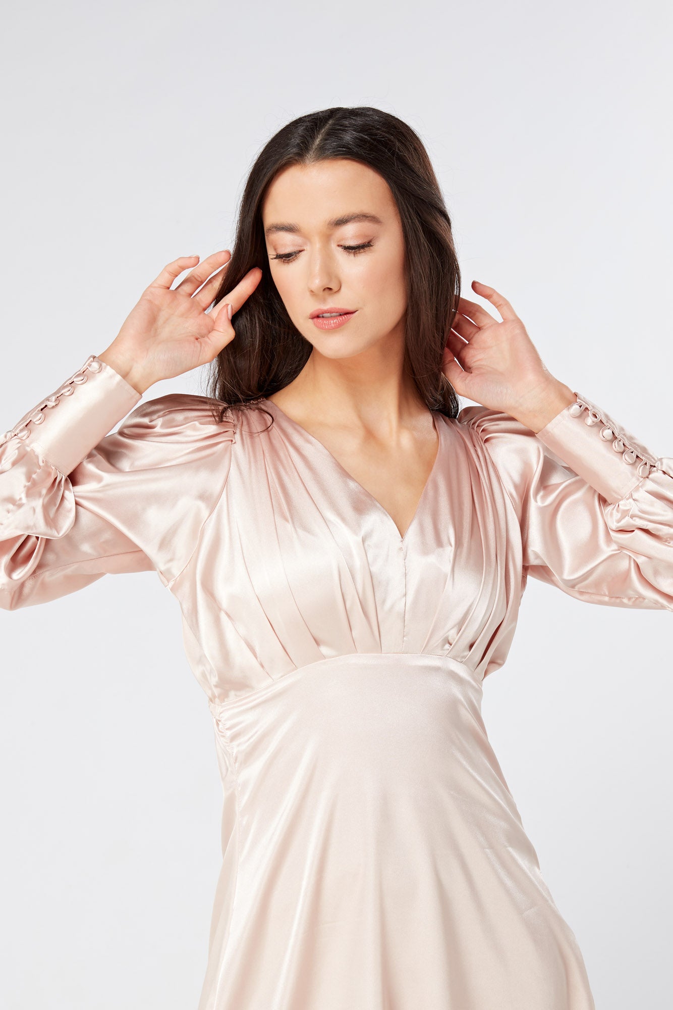 Rosetta Rose Satin Midi Dress With Long Sleeves