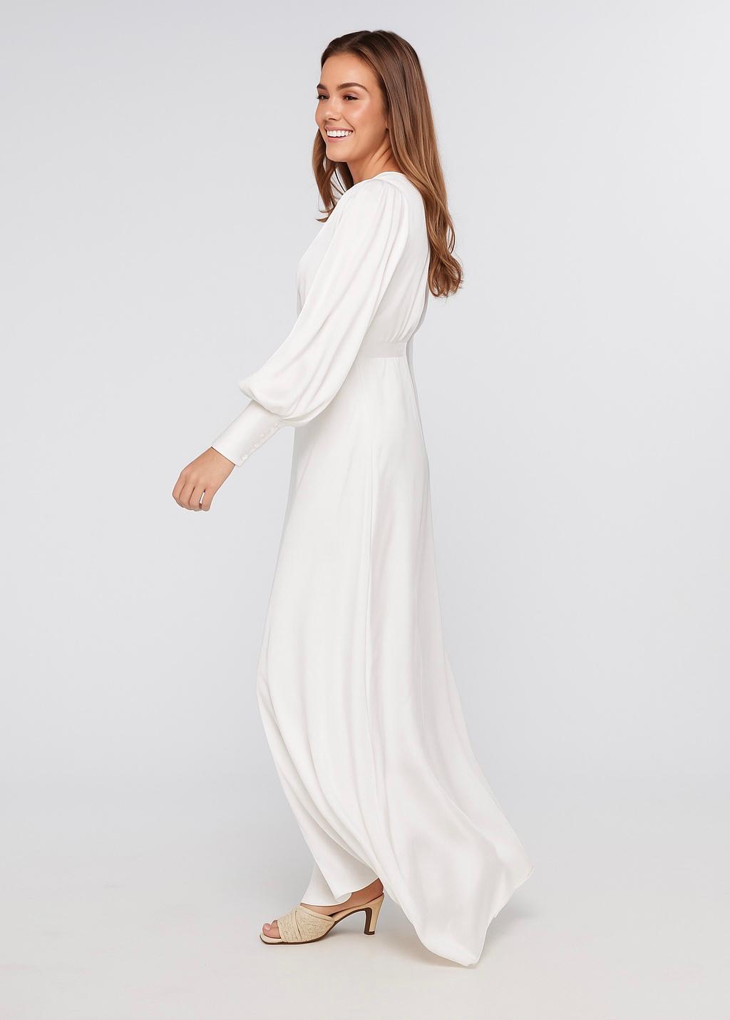 Layla Emerald White Satin Maxi Dress With Long Sleeves