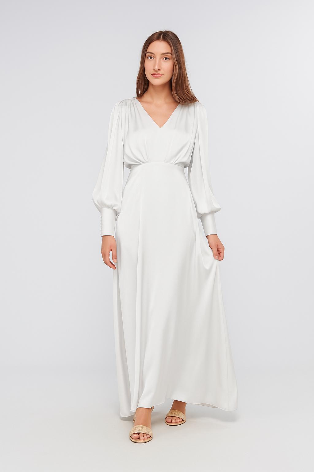 Layla Emerald White Satin Maxi Dress With Long Sleeves