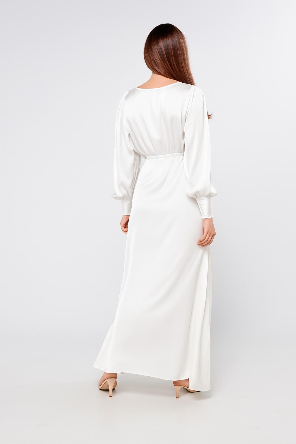 Layla Emerald White Satin Maxi Dress With Long Sleeves