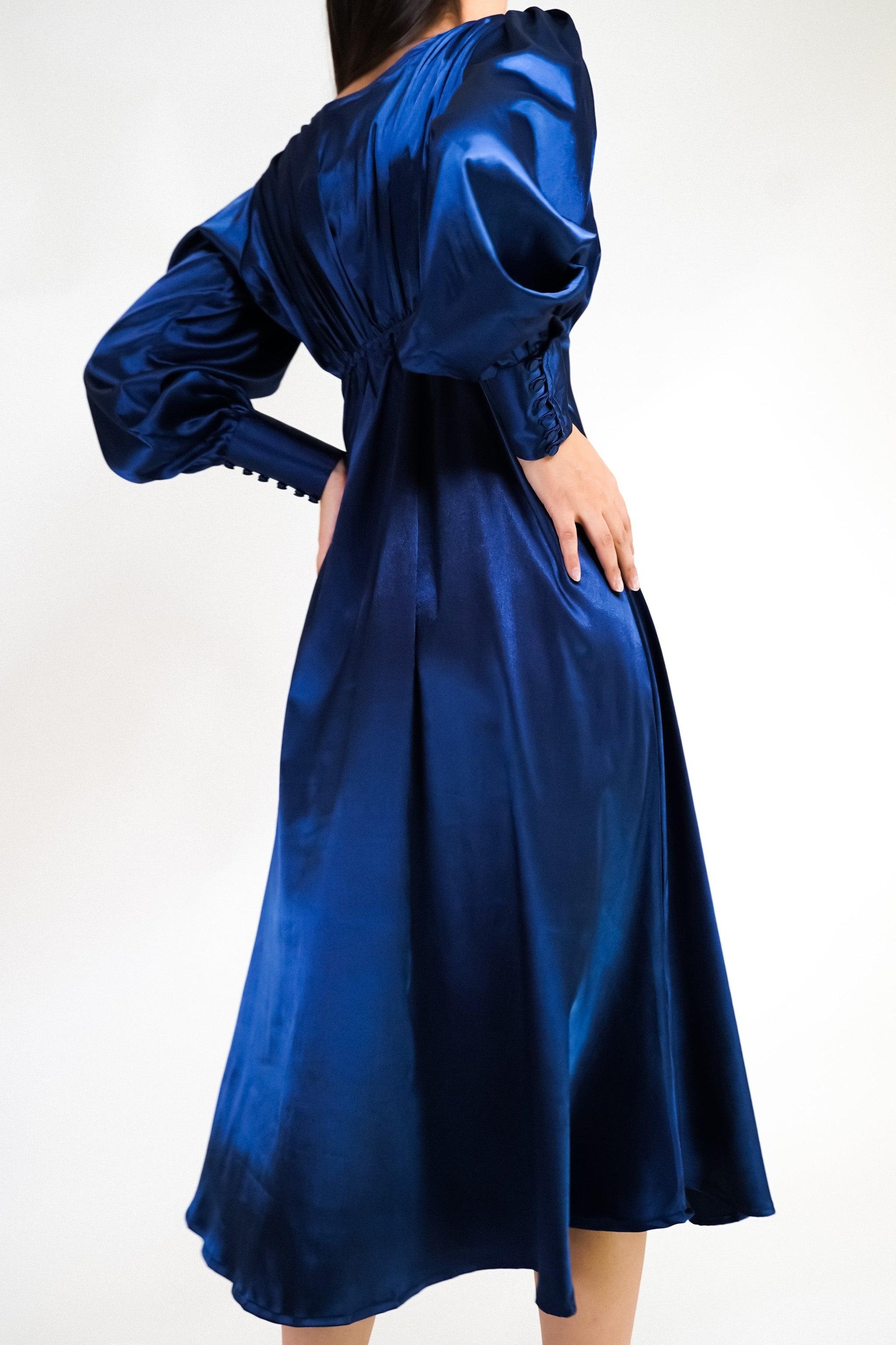 Celeste Dark Blue Premium Satin Midi Dress With Long Sleeves - TAHLIRA