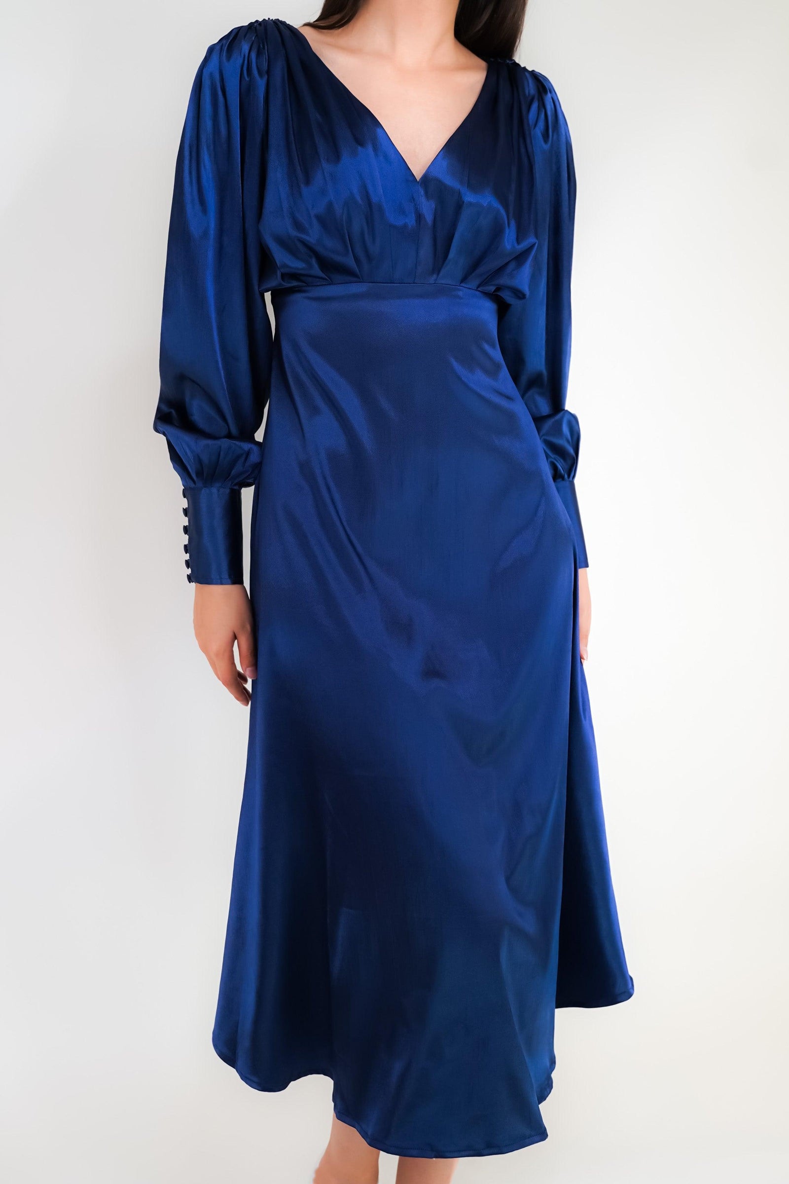 Celeste Dark Blue Premium Satin Midi Dress With Long Sleeves - TAHLIRA
