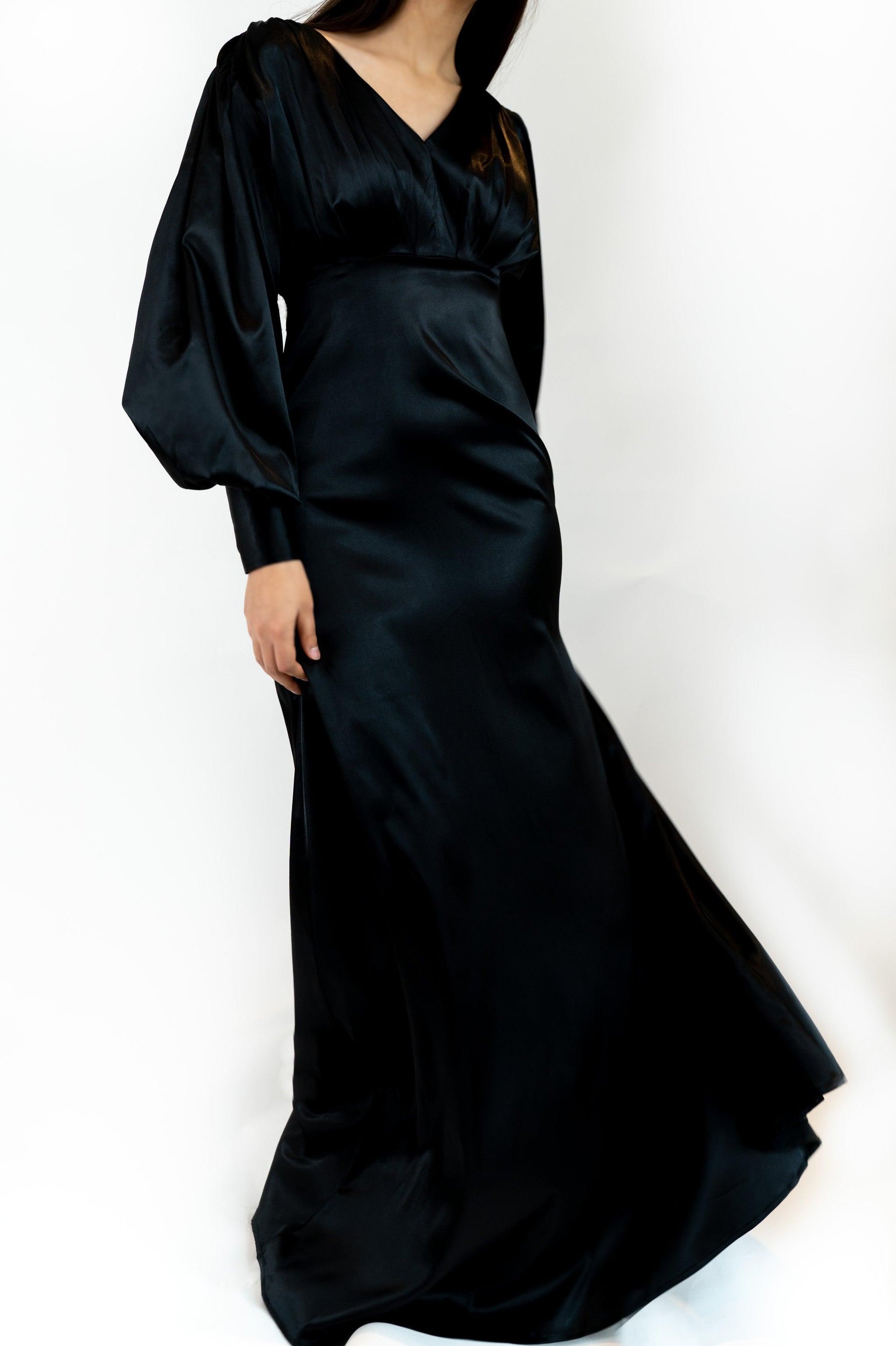 Colette Black Satin Maxi Gown with long sleeves - TAHLIRA