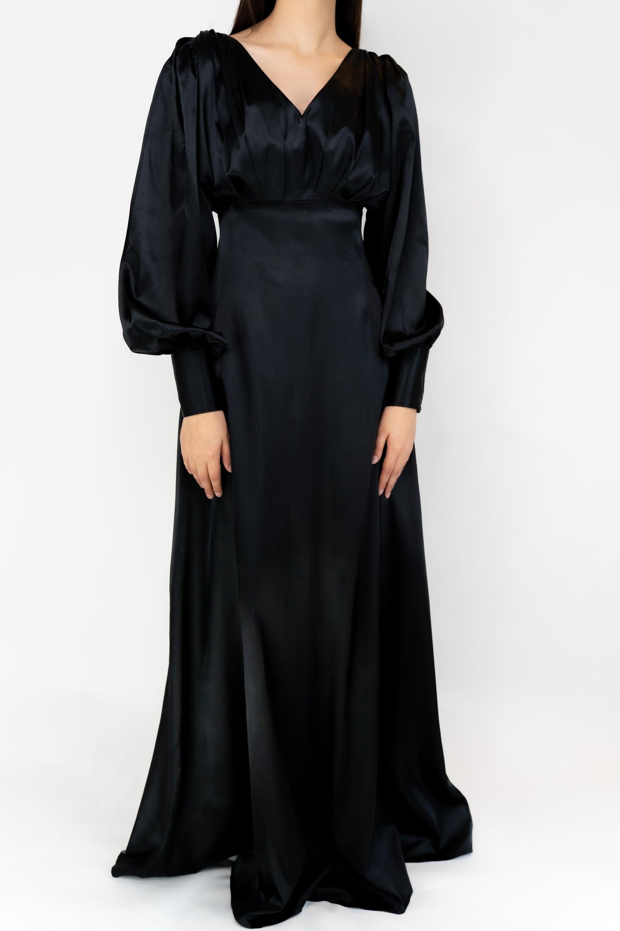 Colette Black Satin Maxi Gown with long sleeves - TAHLIRA