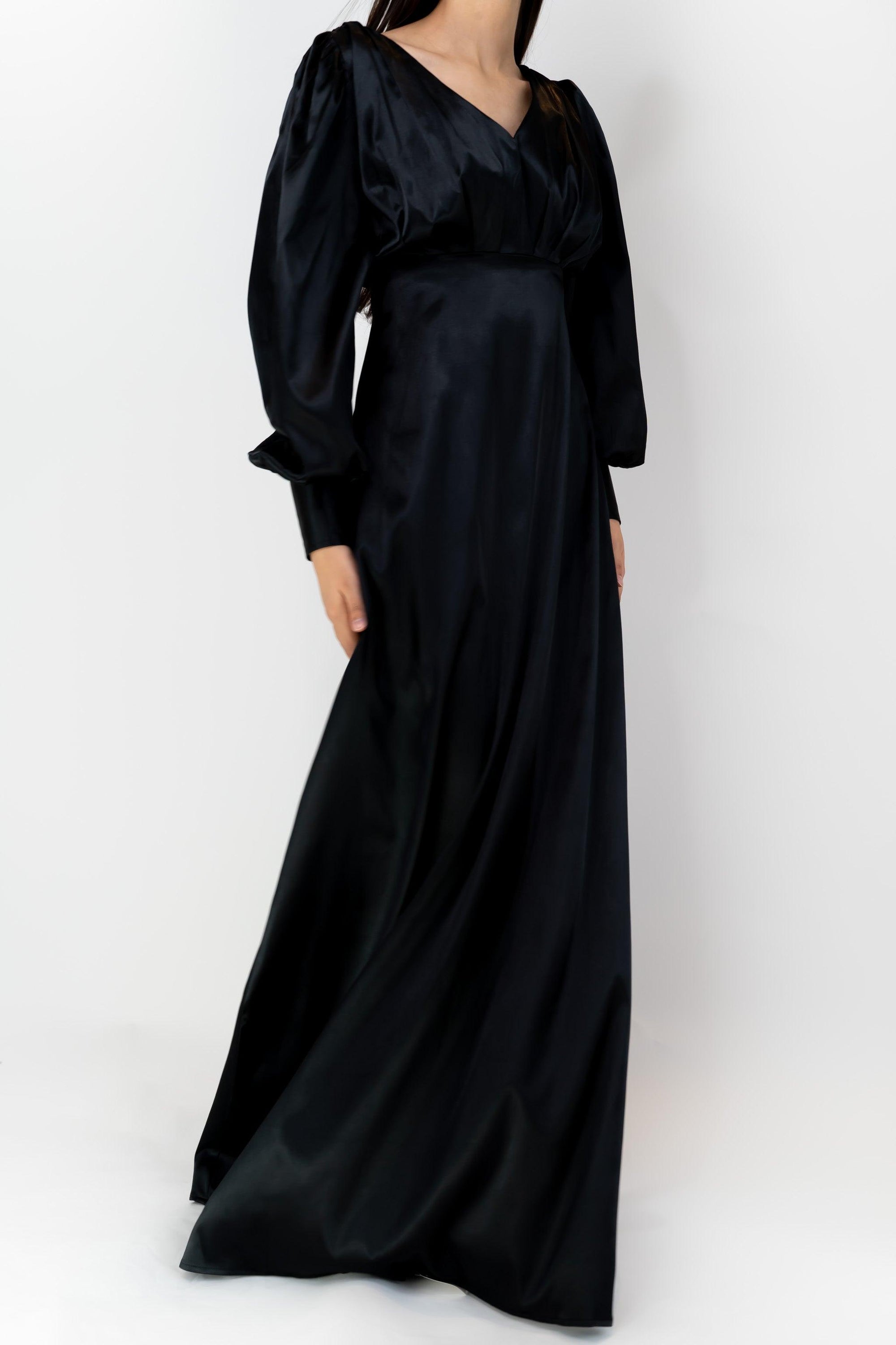 Colette Black Satin Maxi Gown with long sleeves - TAHLIRA