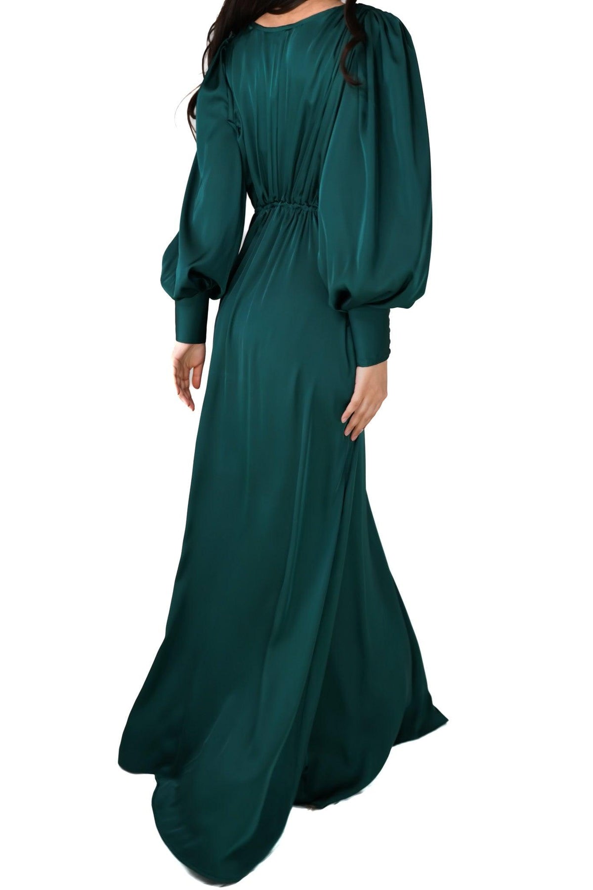 Layla Emerald Green Satin Maxi Dress With Long Sleeves - TAHLIRA