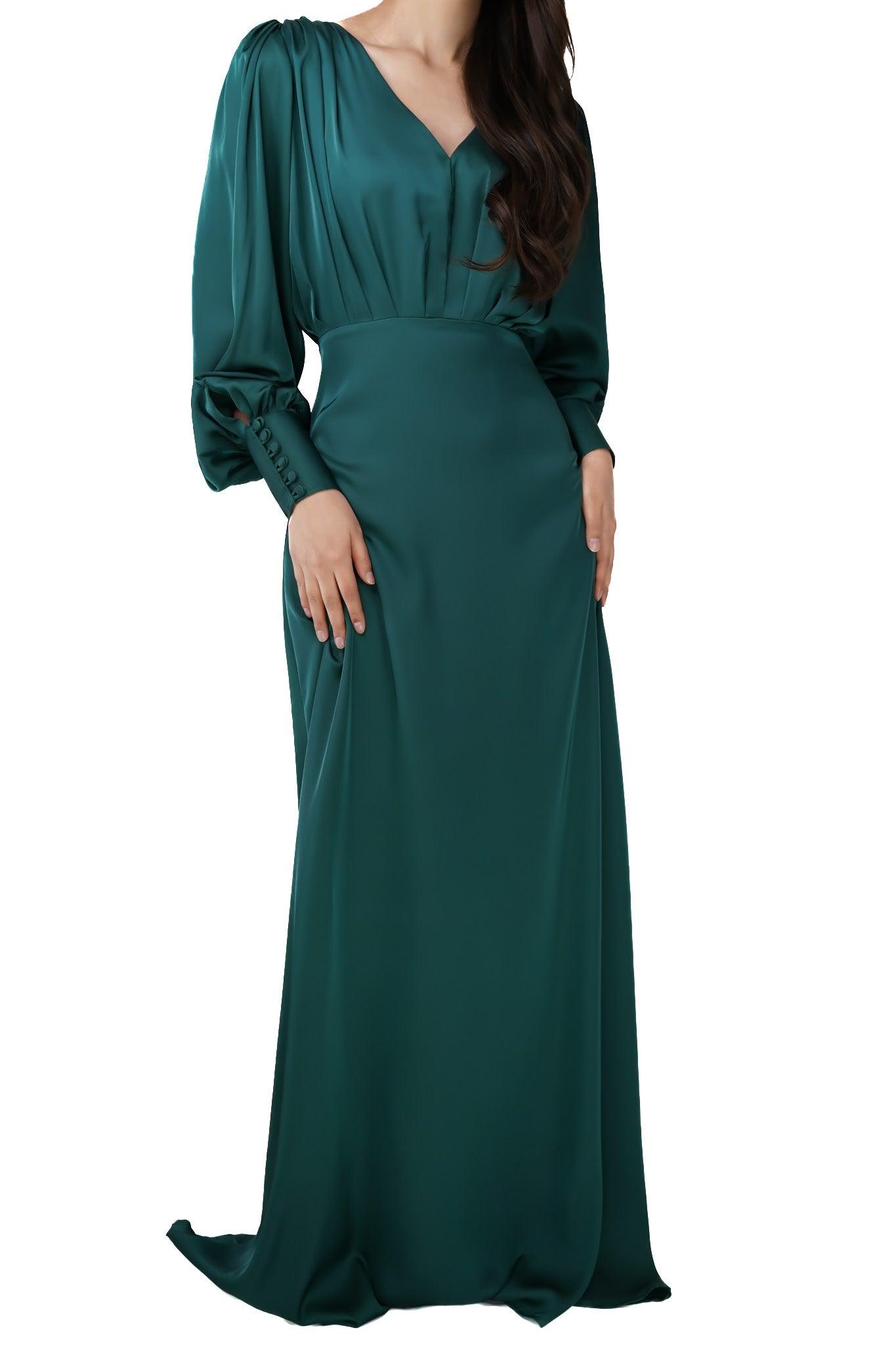 Layla Emerald Green Satin Maxi Dress With Long Sleeves - TAHLIRA