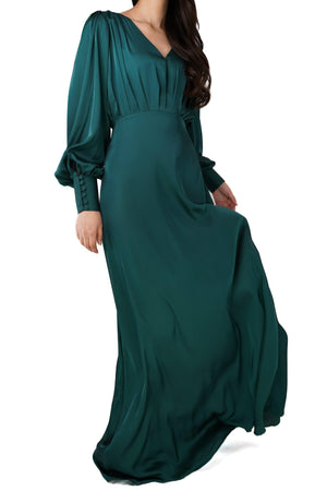 Layla Emerald Green Satin Maxi Dress With Long Sleeves - TAHLIRA