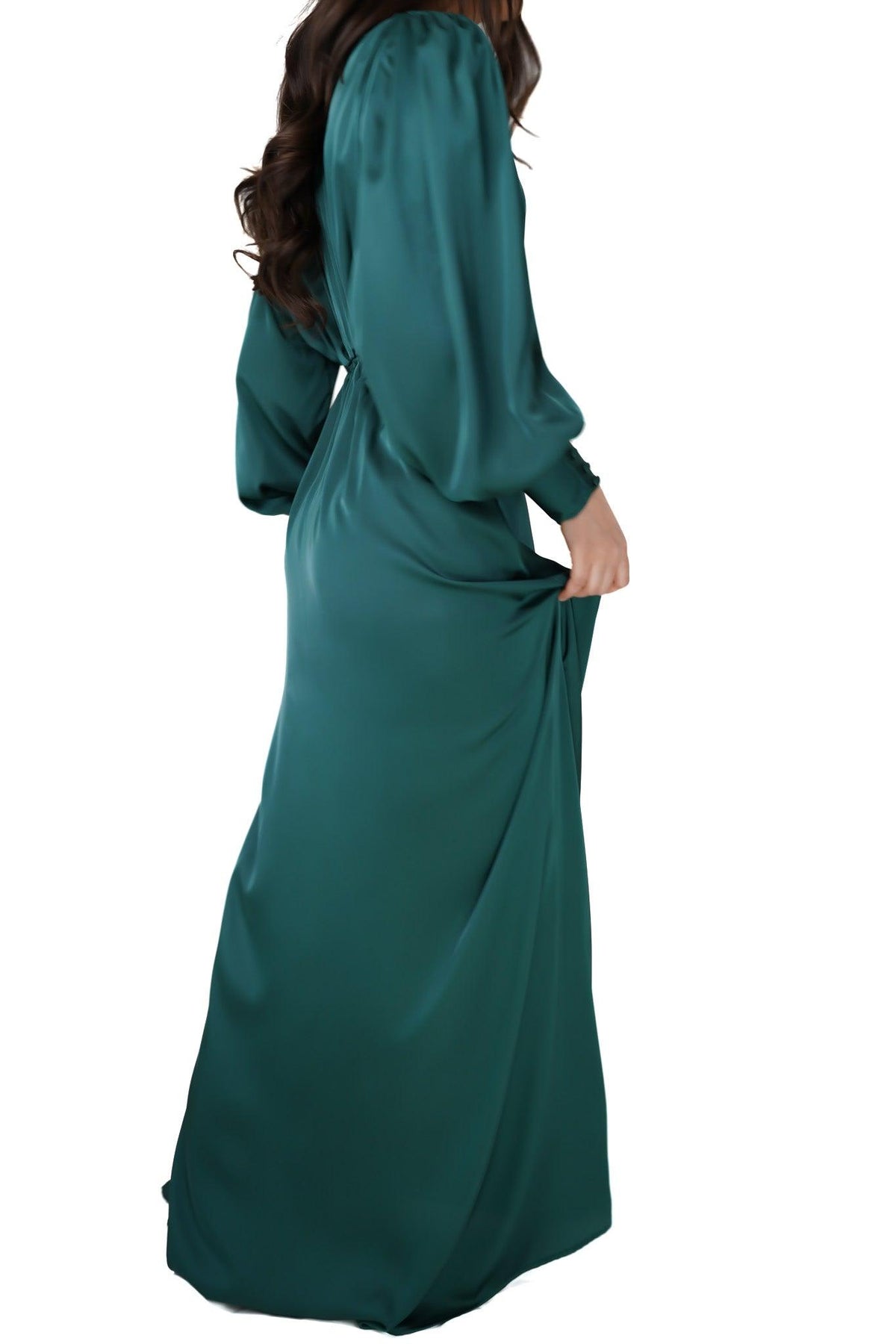 Layla Emerald Green Satin Maxi Dress With Long Sleeves - TAHLIRA