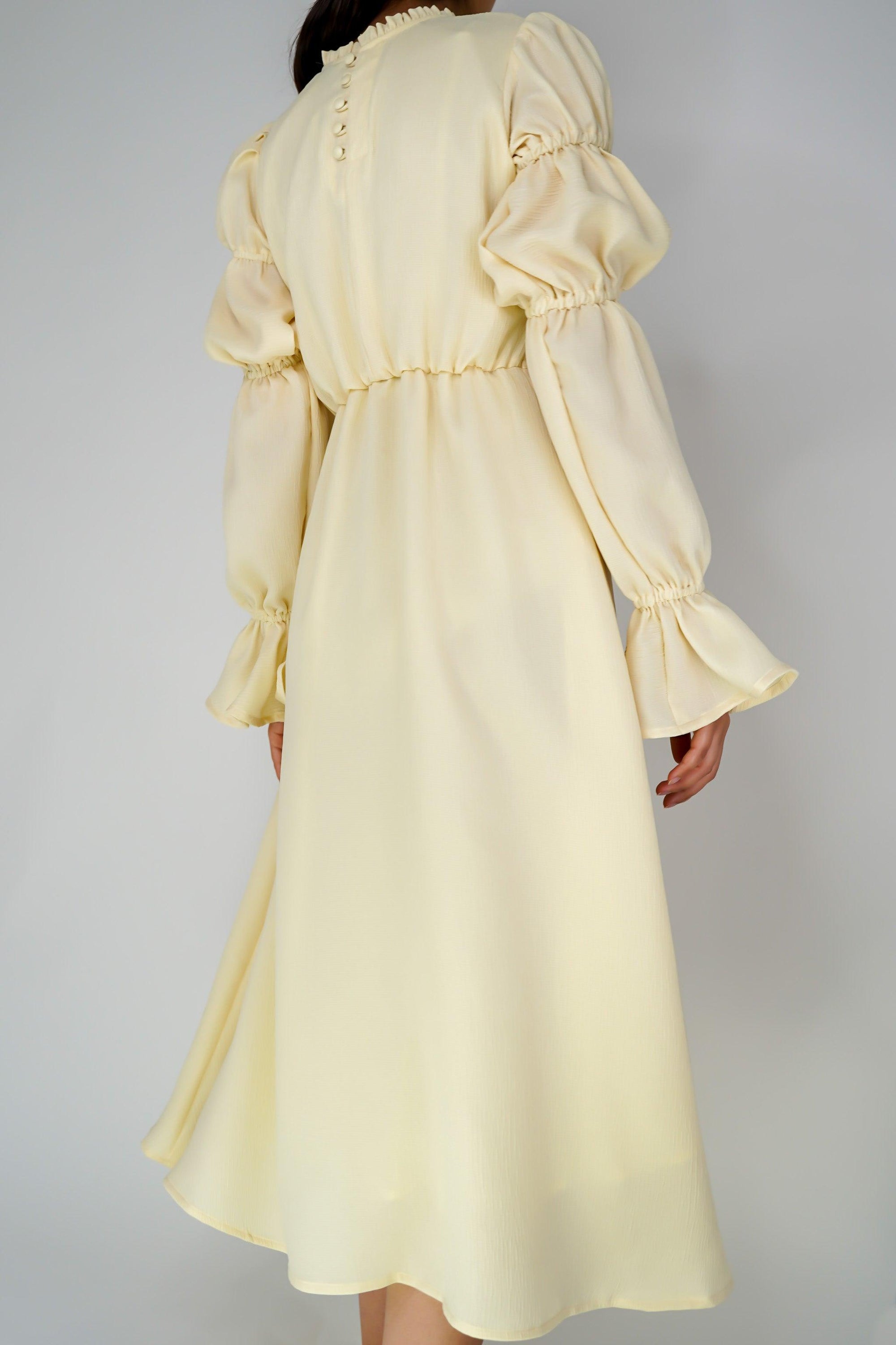 Samara Pale Yellow Puff Sleeves Midi Dress - TAHLIRA