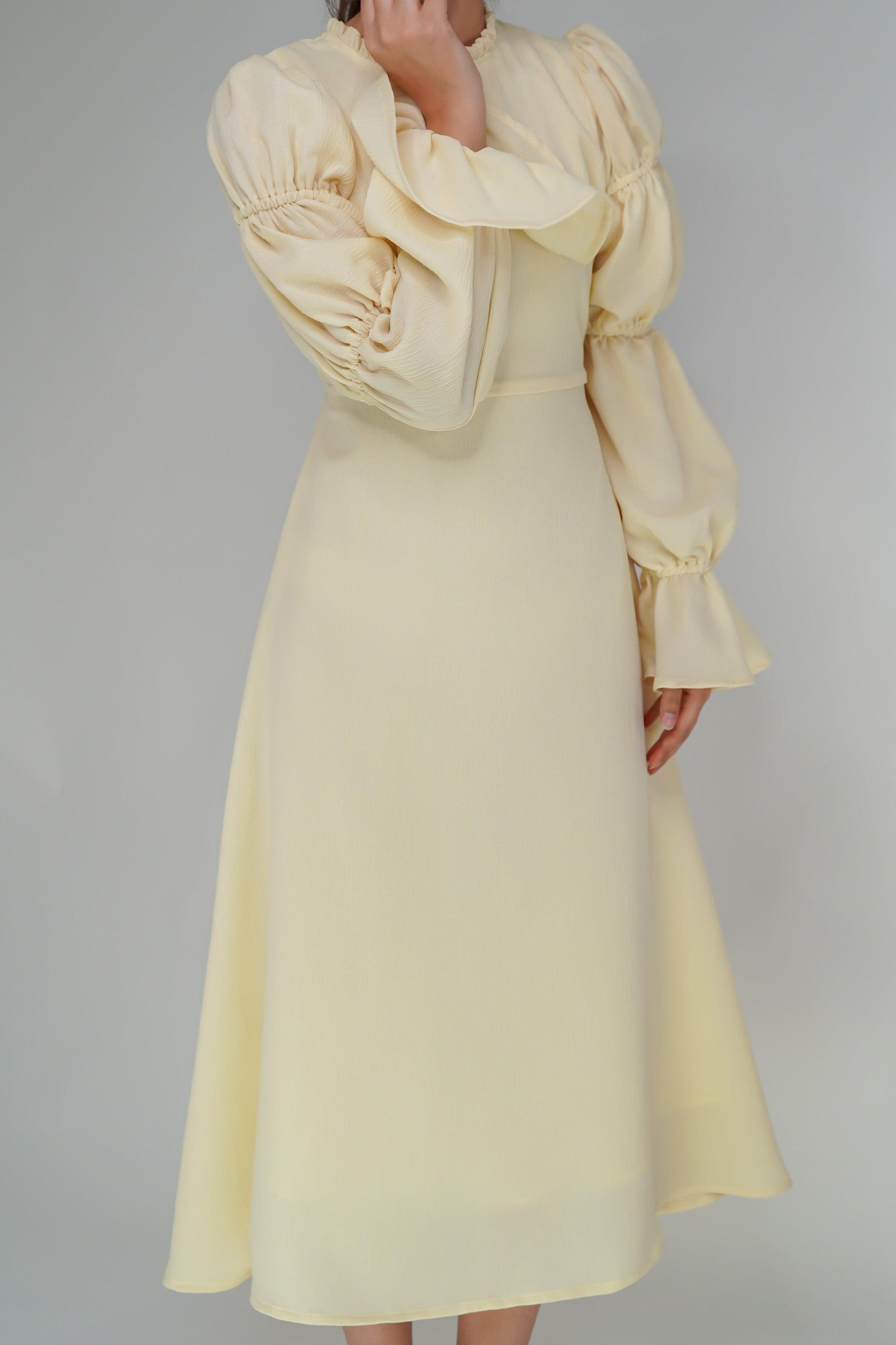 Samara Pale Yellow Puff Sleeves Midi Dress - TAHLIRA