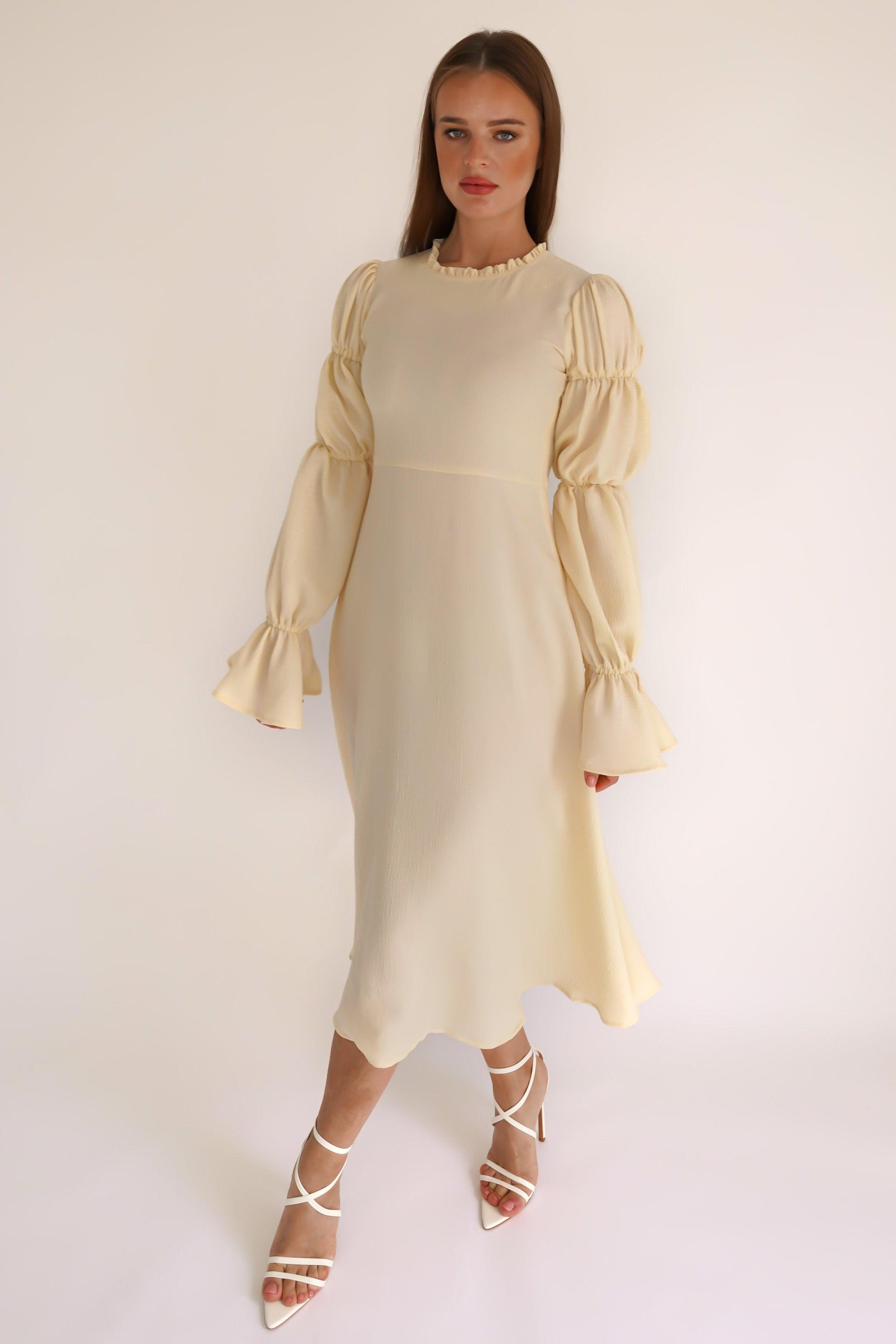 Samara Pale Yellow Puff Sleeves Midi Dress - TAHLIRA