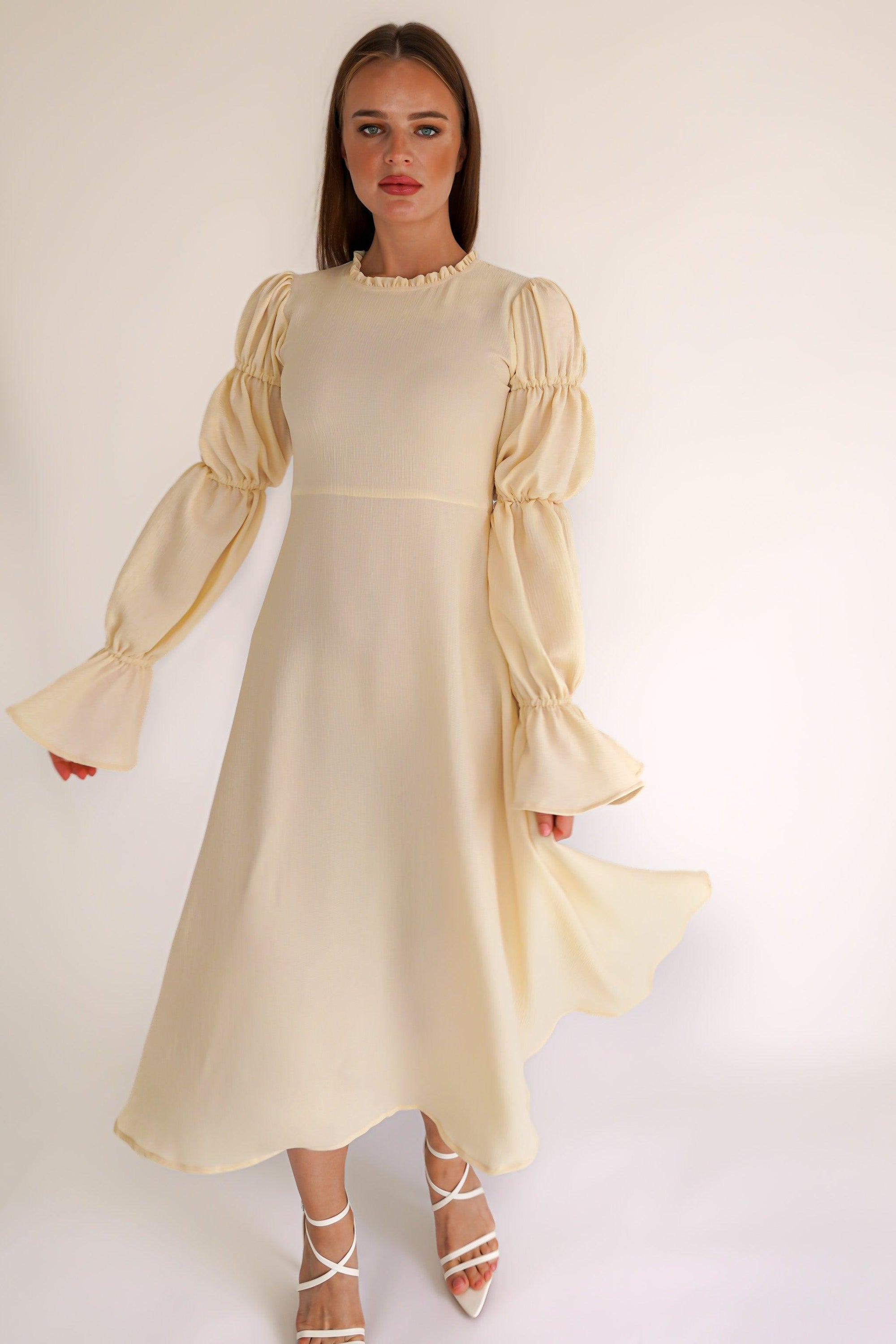 Samara Pale Yellow Puff Sleeves Midi Dress - TAHLIRA