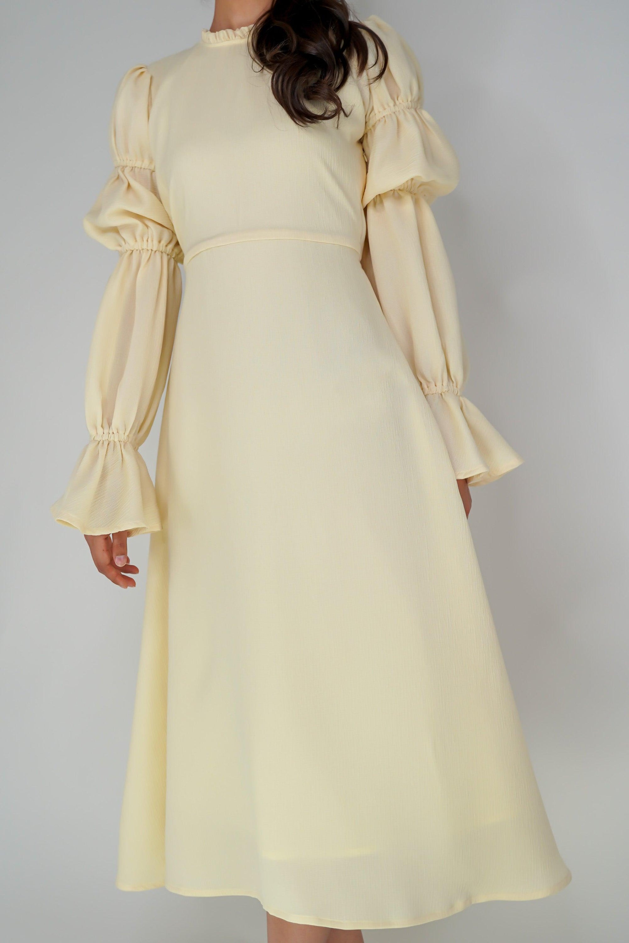 Samara Pale Yellow Puff Sleeves Midi Dress - TAHLIRA