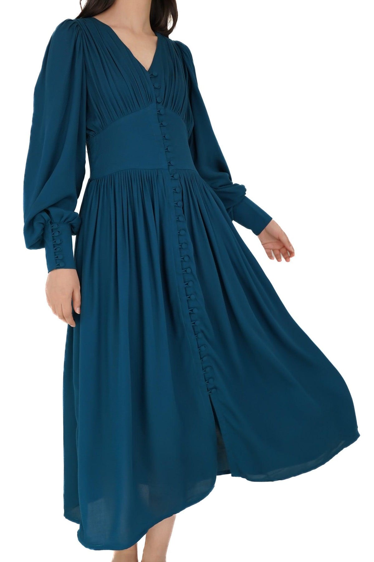 Shaukeen Indigo Blue Buttoned Front Midi Dress with Long Sleeves - TAHLIRA