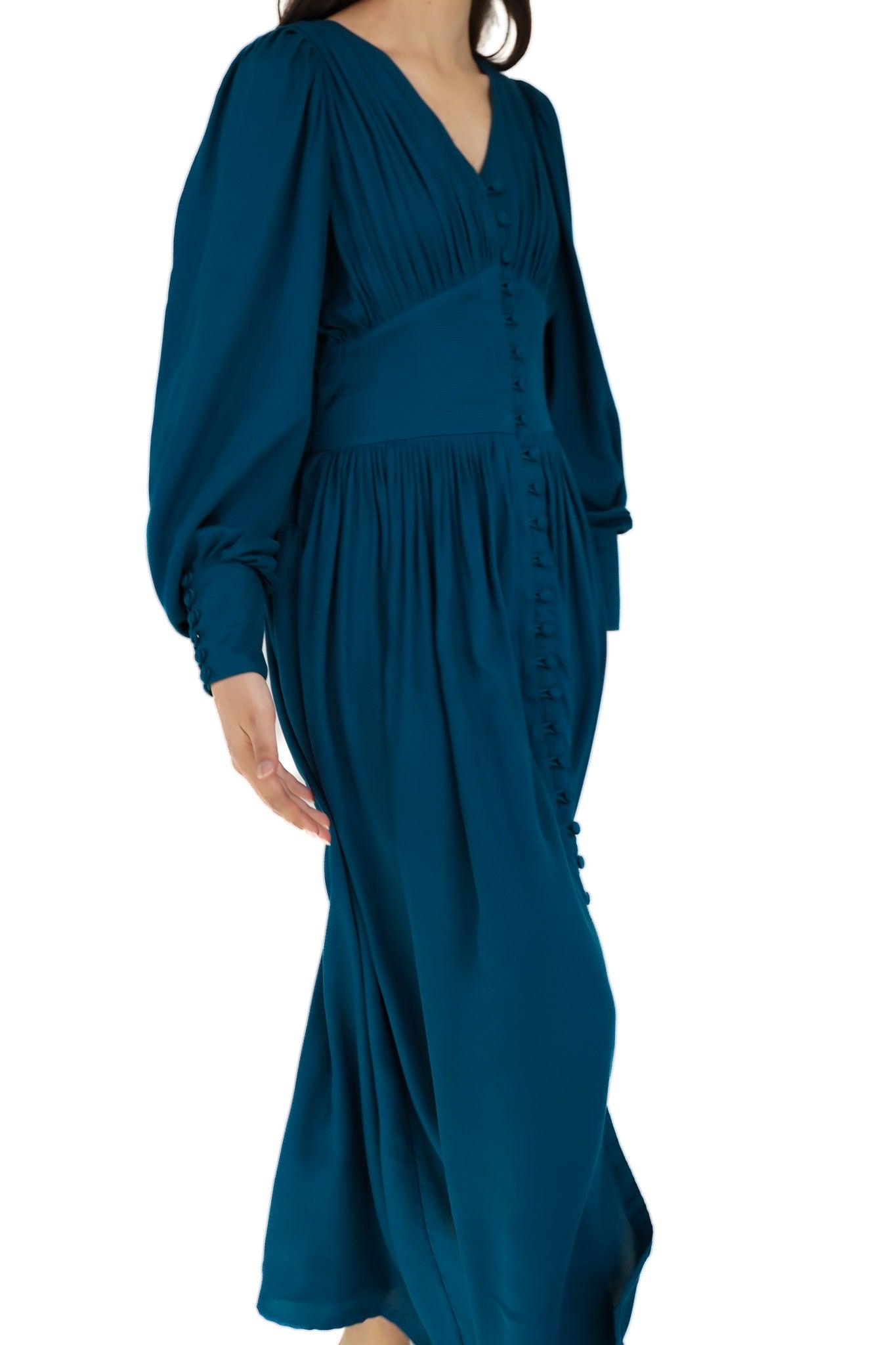 Shaukeen Indigo Blue Buttoned Front Midi Dress with Long Sleeves - TAHLIRA