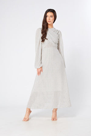 Mollie Black And White Dotted Midi Dress With Folded Detail - TAHLIRA