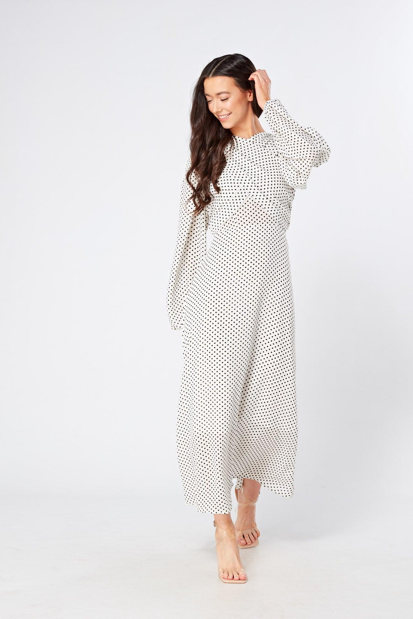 Mollie Black And White Dotted Midi Dress With Folded Detail - TAHLIRA