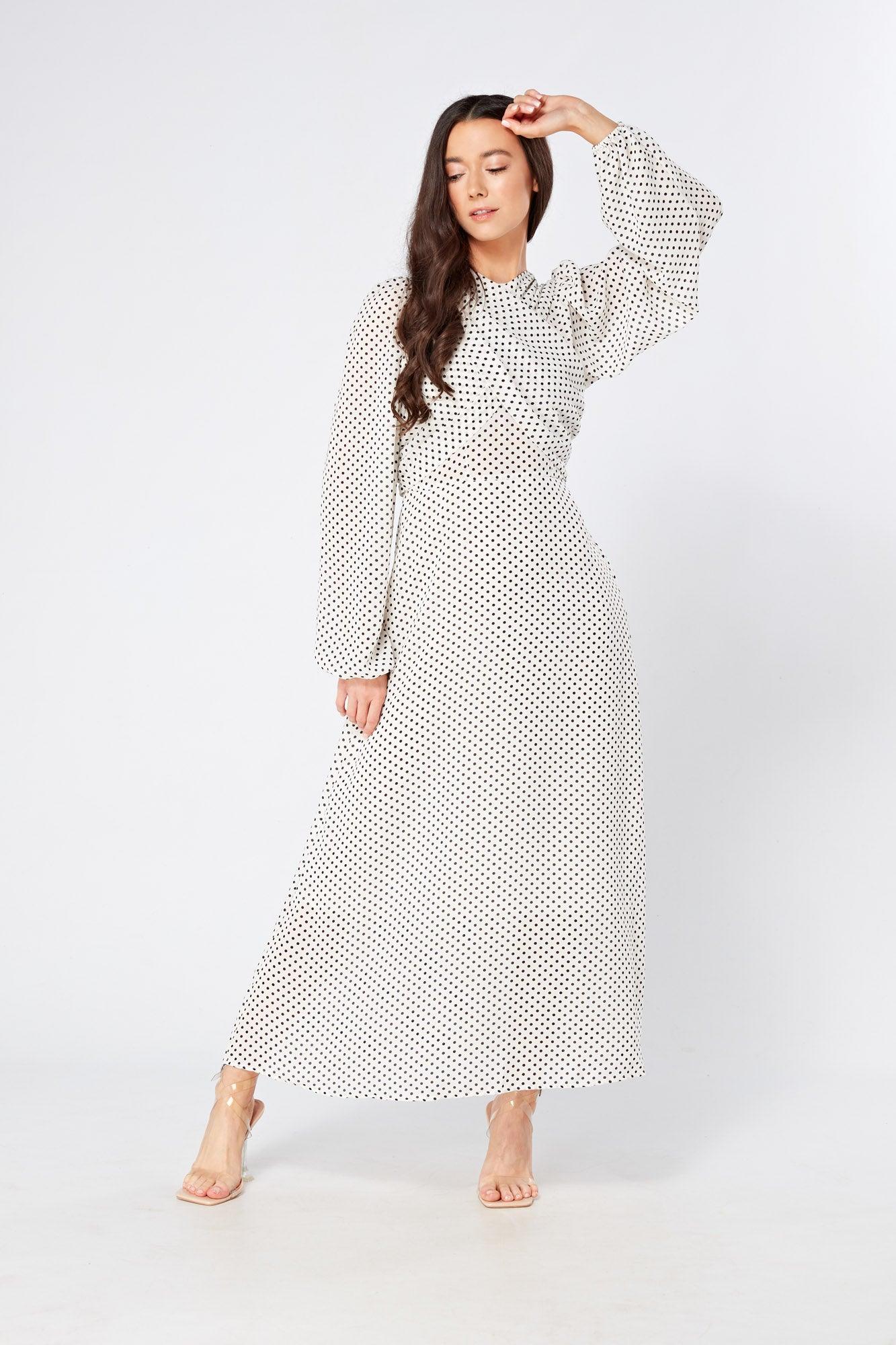 Mollie Black And White Dotted Midi Dress With Folded Detail - TAHLIRA