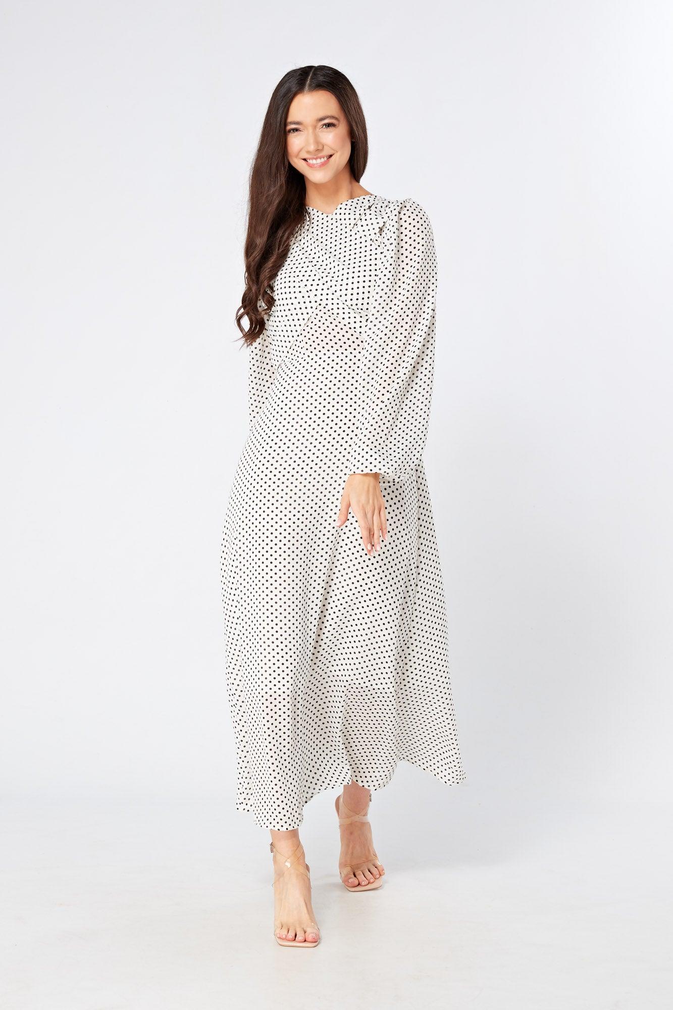 Mollie Black And White Dotted Midi Dress With Folded Detail - TAHLIRA