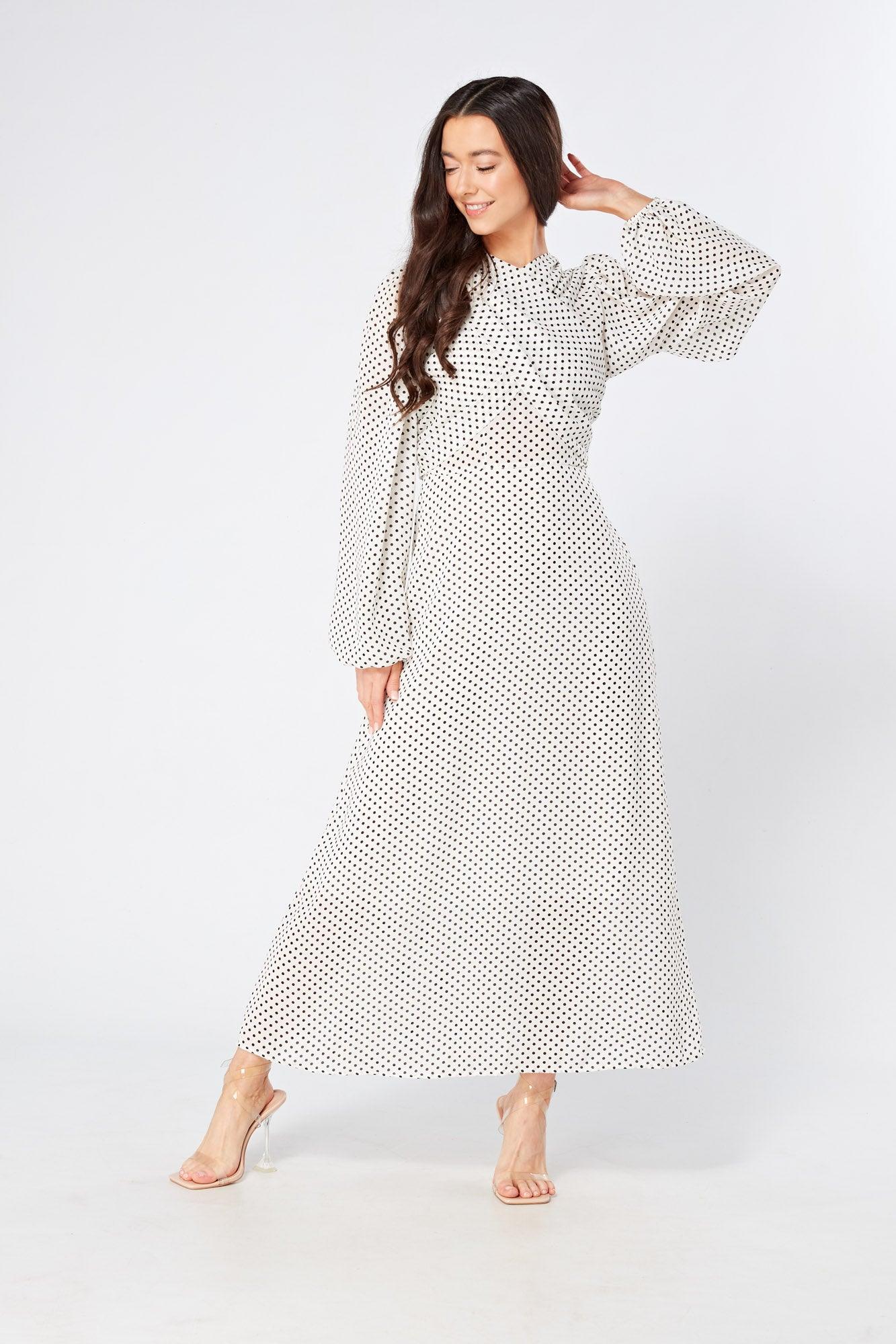 Mollie Black And White Dotted Midi Dress With Folded Detail - TAHLIRA