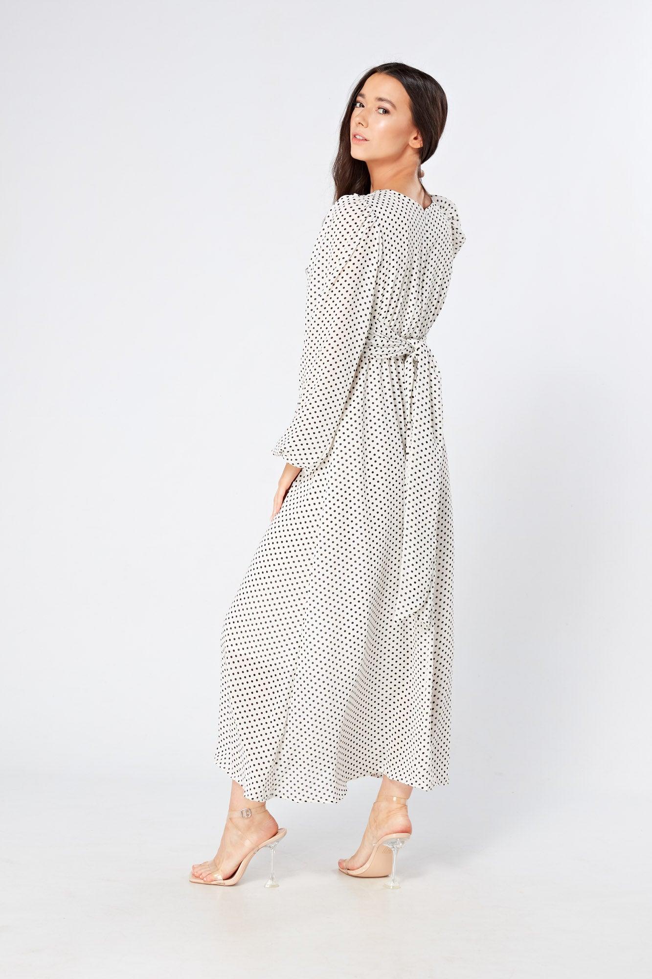 Mollie Black And White Dotted Midi Dress With Folded Detail - TAHLIRA