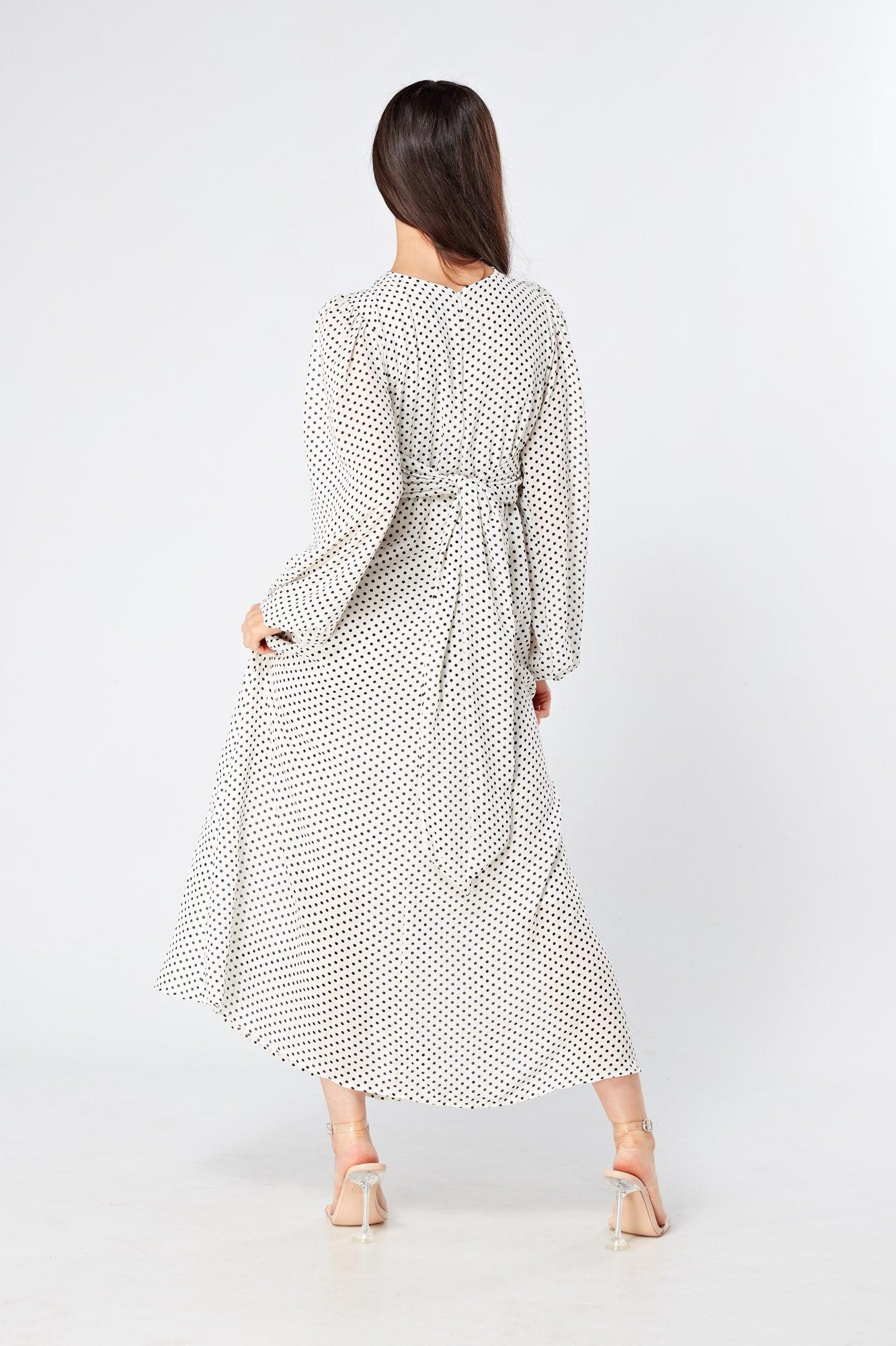 Mollie Black And White Dotted Midi Dress With Folded Detail - TAHLIRA