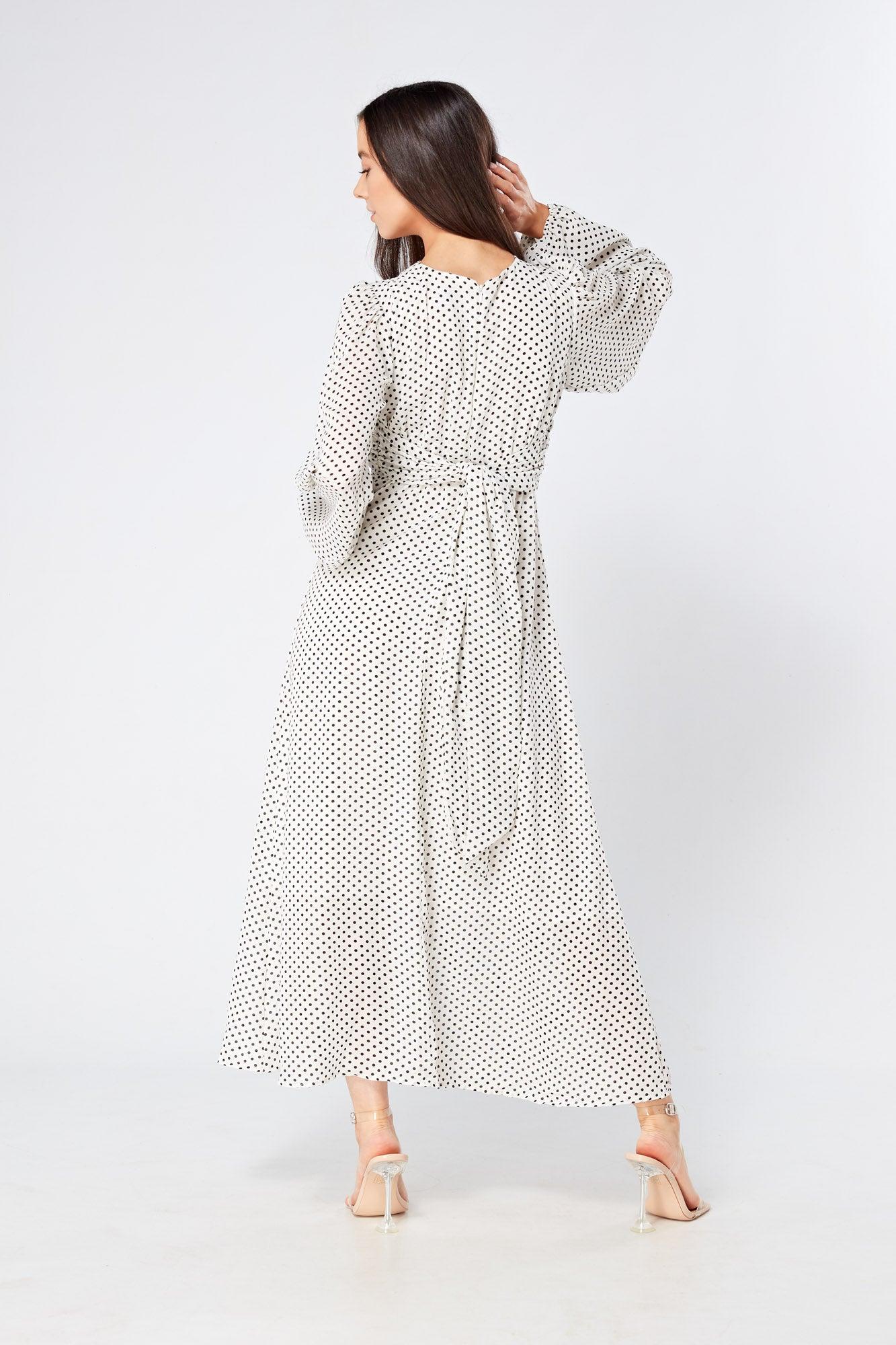 Mollie Black And White Dotted Midi Dress With Folded Detail - TAHLIRA