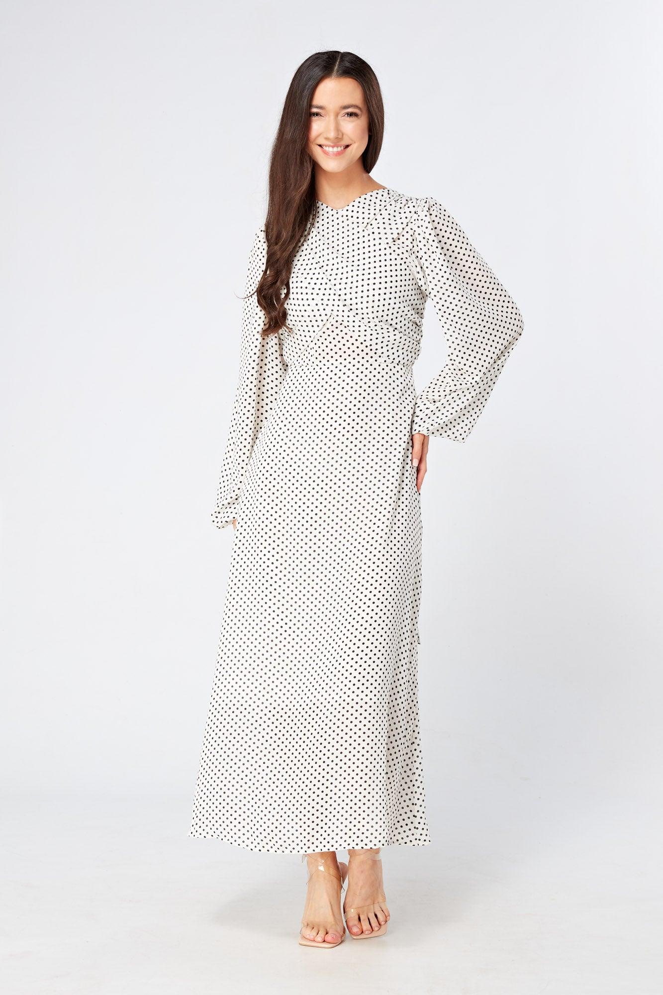 Mollie Black And White Dotted Midi Dress With Folded Detail - TAHLIRA