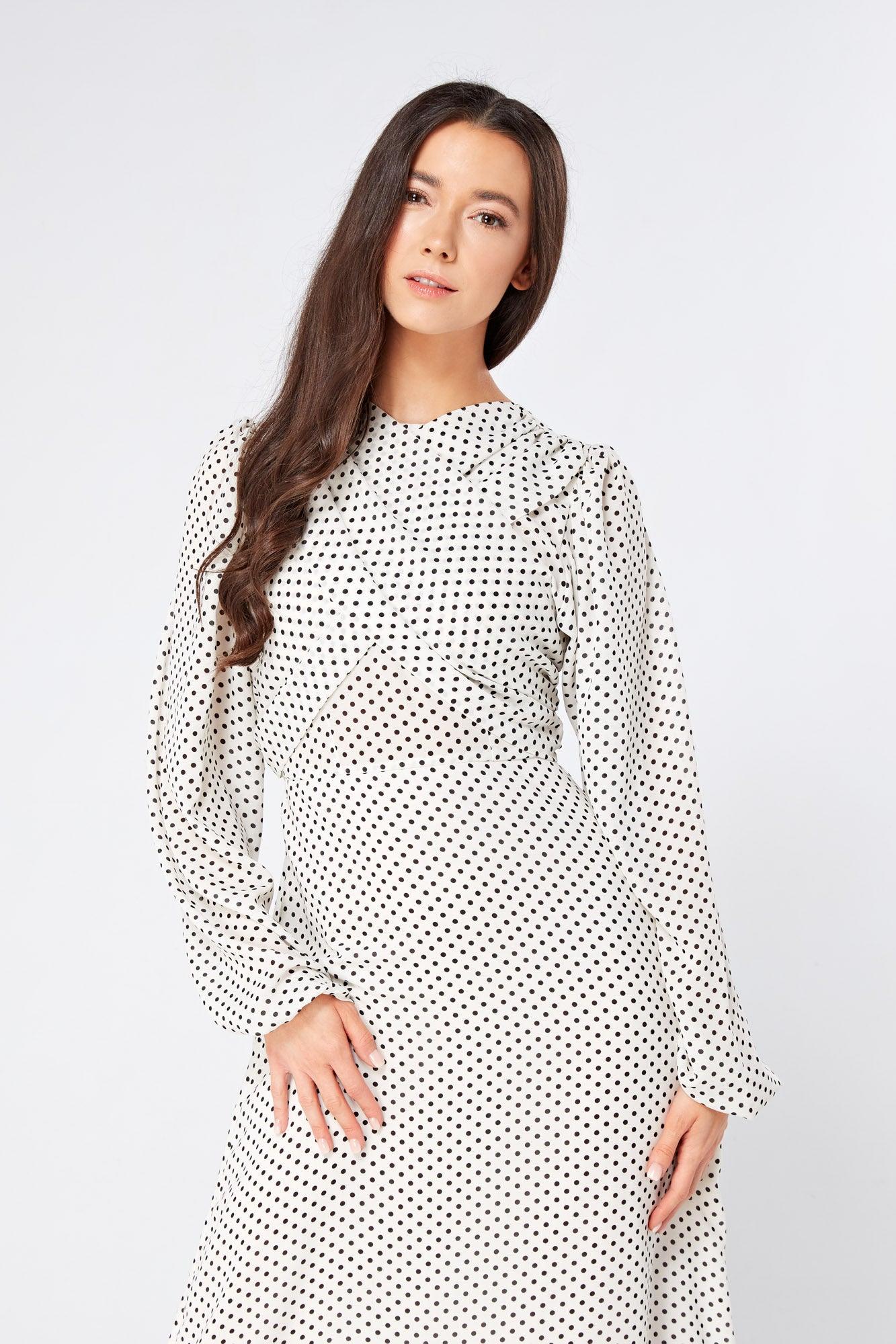 Mollie Black And White Dotted Midi Dress With Folded Detail - TAHLIRA