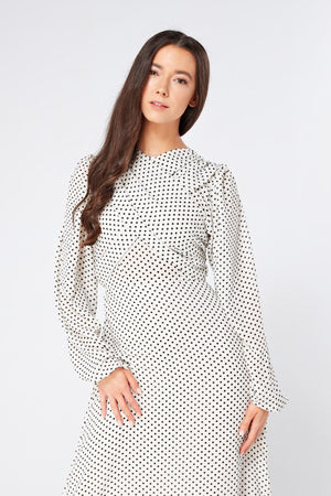 Mollie Black And White Dotted Midi Dress With Folded Detail - TAHLIRA