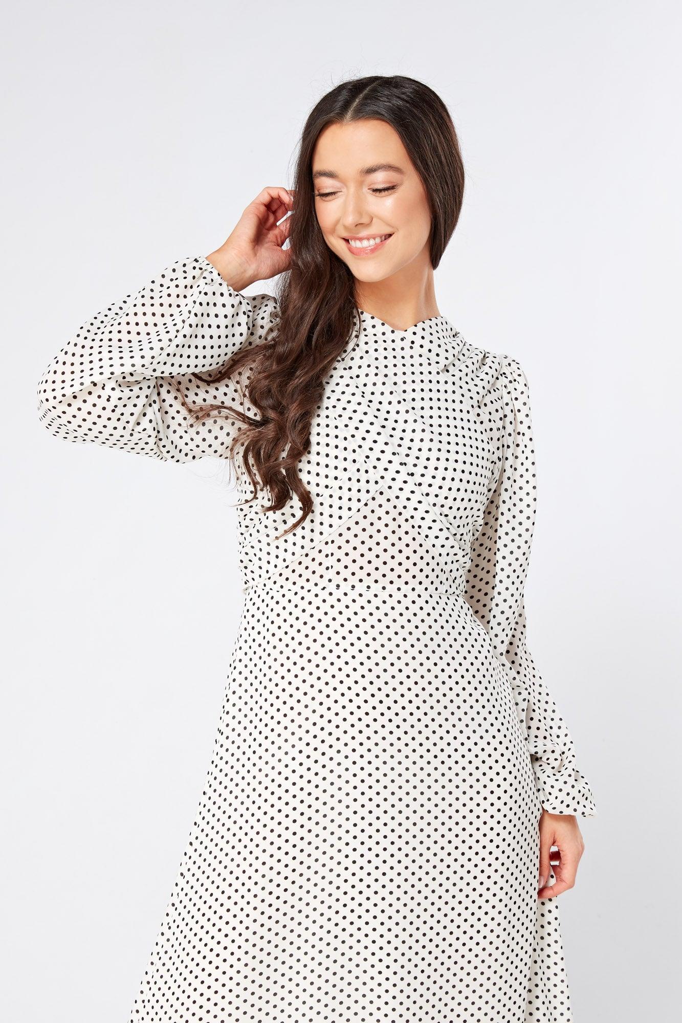 Mollie Black And White Dotted Midi Dress With Folded Detail - TAHLIRA