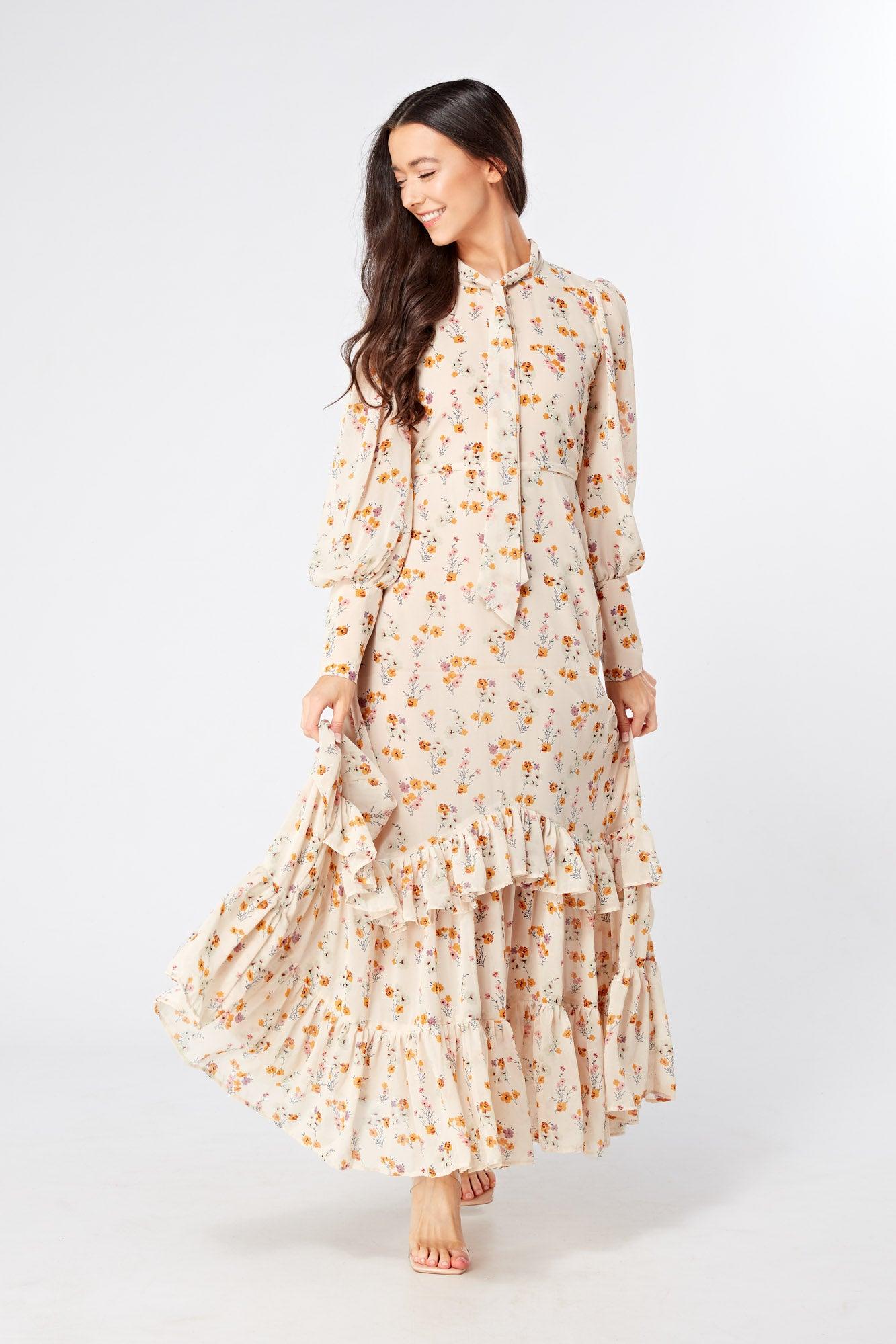 Rosalie High Neck Pussybow Beige Floral Midi Dress - TAHLIRA