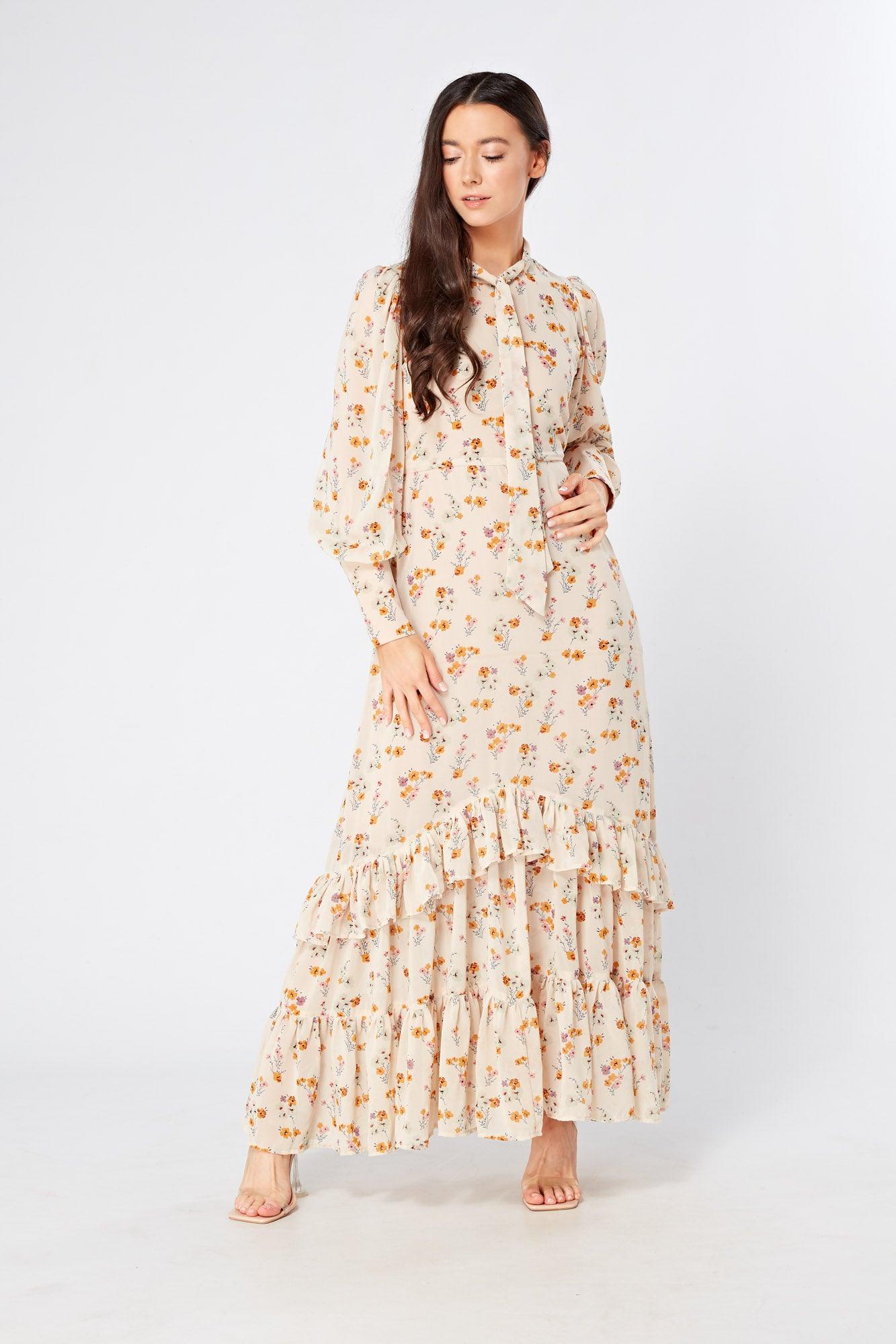 Rosalie High Neck Pussybow Beige Floral Midi Dress - TAHLIRA