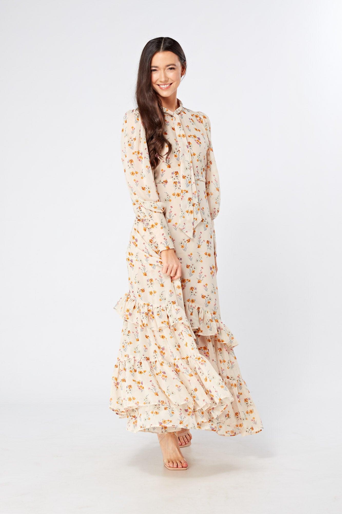 Rosalie High Neck Pussybow Beige Floral Midi Dress - TAHLIRA