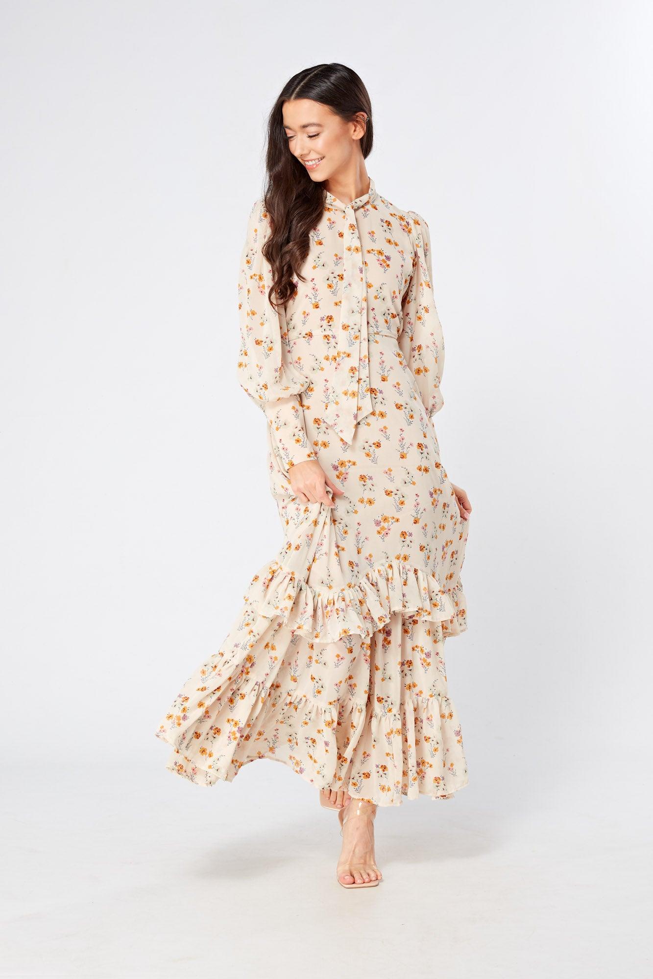 Rosalie High Neck Pussybow Beige Floral Midi Dress - TAHLIRA